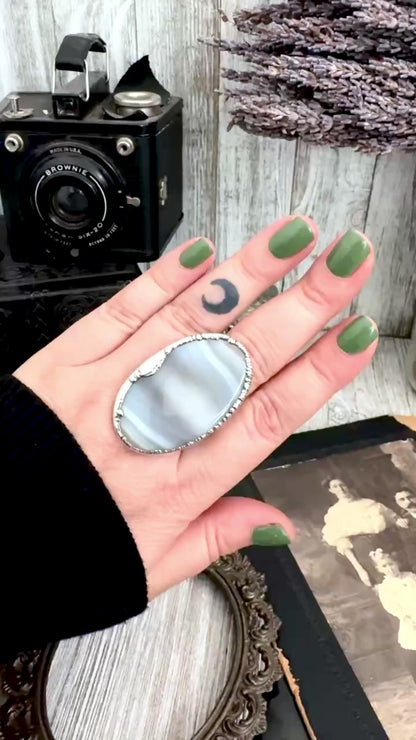 The Colossal Collection - Blue Banded Agate Crystal Ring Set in Fine Silver Size 11 / One of a Kind