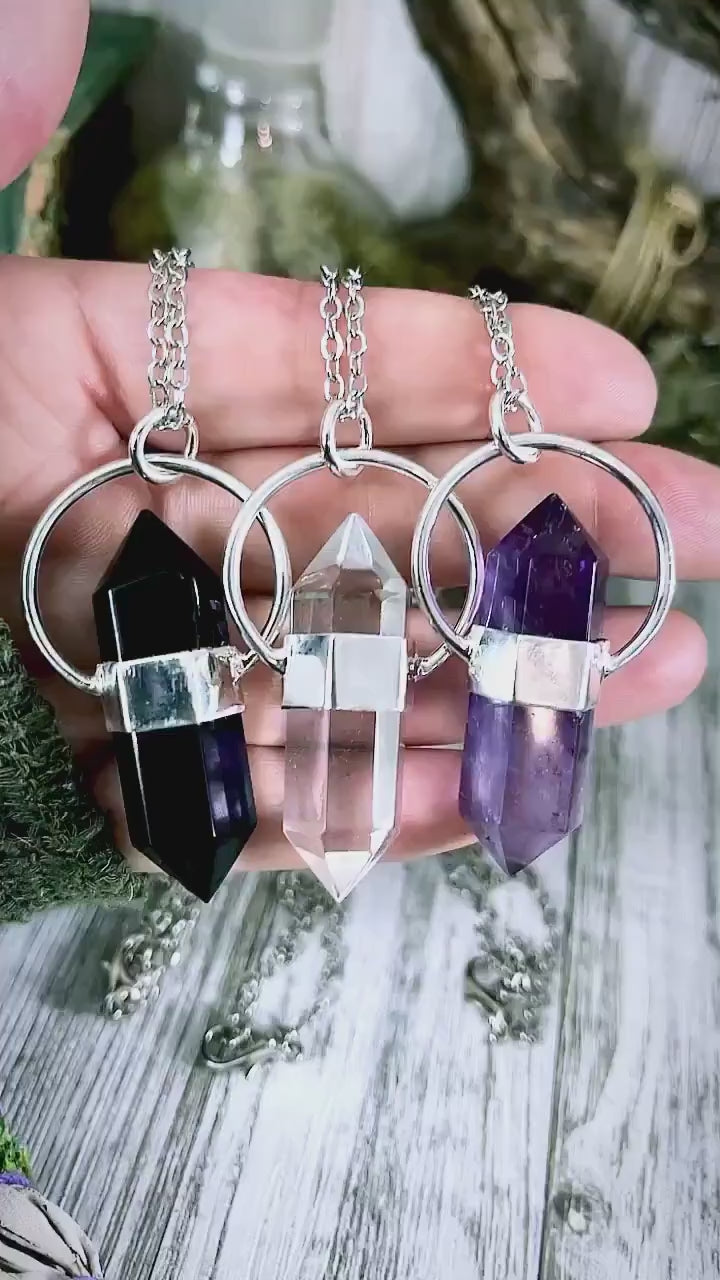 Black Onyx Crystal Point Necklace in Sterling Silver  -Designed by FOXLARK Collection