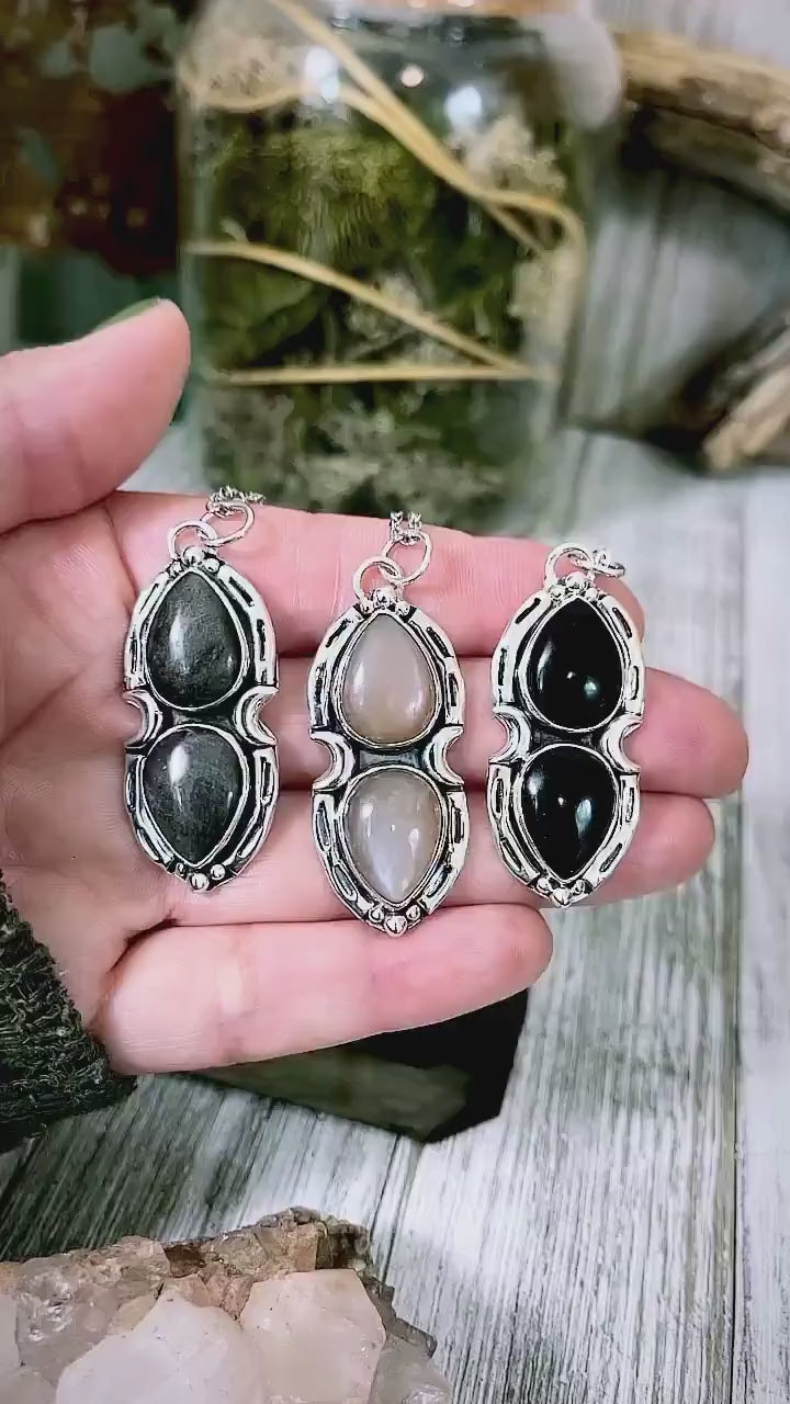 Black Onyx Mystic Moon Crystal Statement Necklace in Sterling Silver / Designed by FOXLARK Collection.