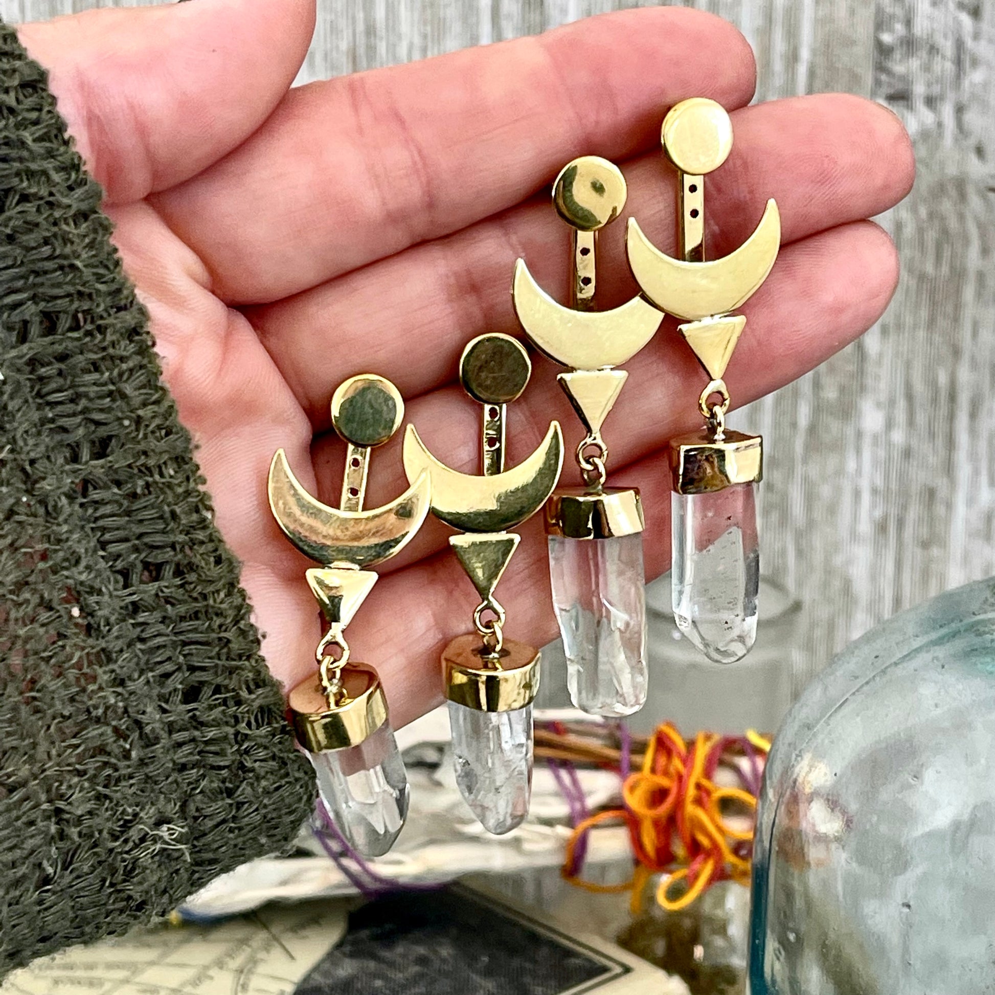 Crescent Moon Ear Jacket Earrings with Natural Clear Quartz Crystals set in Brass or Sterling Silver.