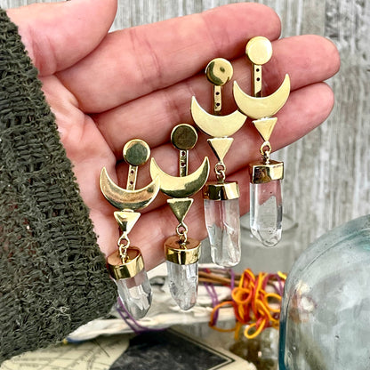 Crescent Moon Ear Jacket Earrings with Natural Clear Quartz Crystals set in Brass or Sterling Silver.