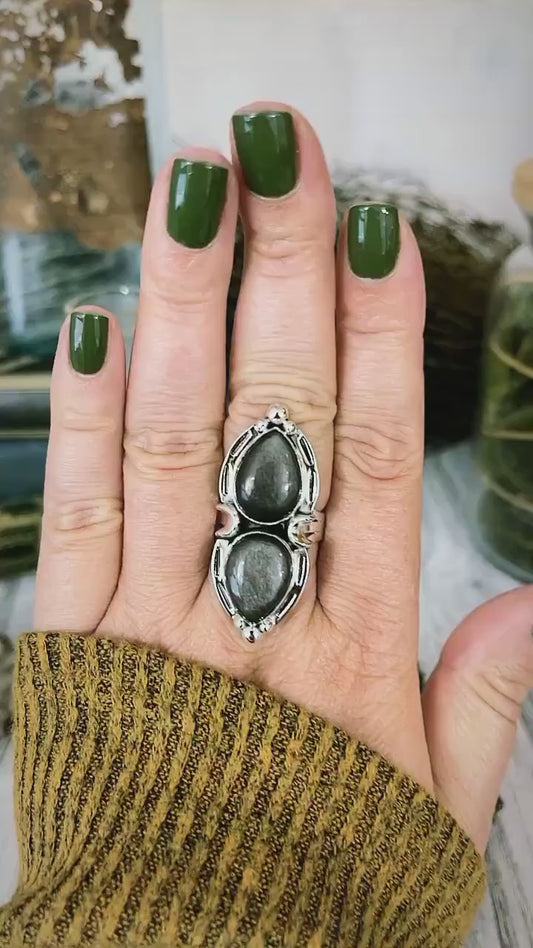 Mystic Moons Silver Sheen Obsidian Crystal Ring in Solid Sterling Silver- Designed by FOXLARK Collection Size 5 6 7 8 9 10 11 Adjustable.