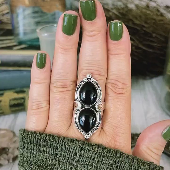 Mystic Moons Black Onyx Crystal Ring in Solid Sterling Silver- Designed by FOXLARK Collection Size 6 7 8 9 10