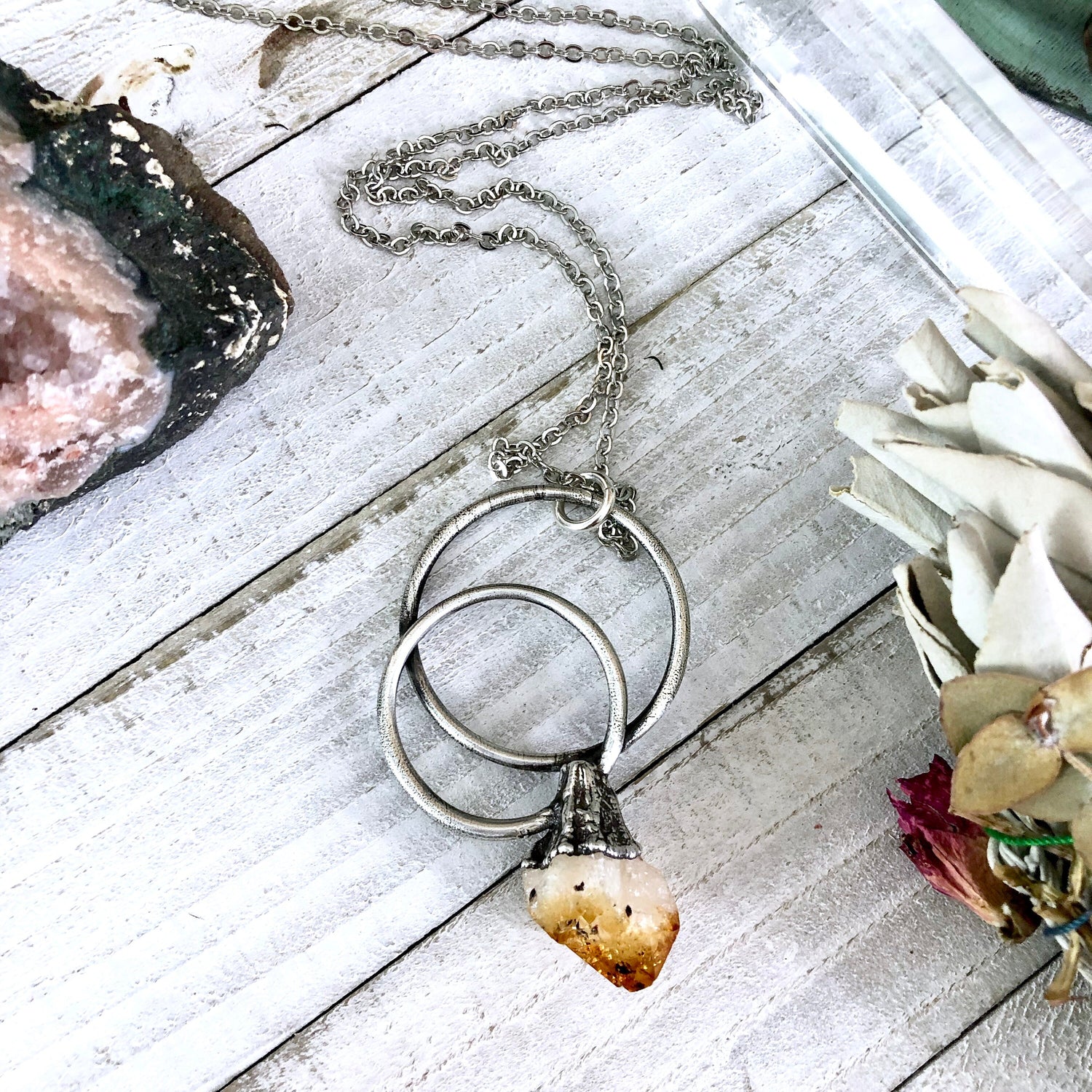 Large Citrine Necklace / Big Crystal Necklace Silver / Natural Crystal Jewelry