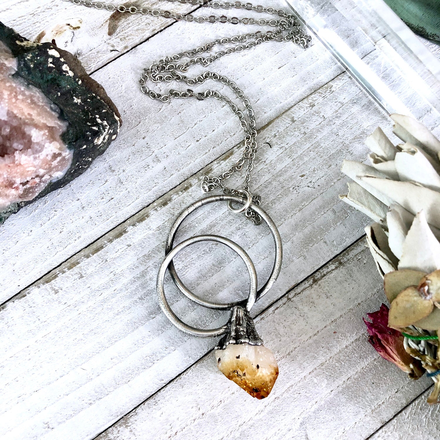 Large Citrine Necklace / Big Crystal Necklace Silver / Natural Crystal Jewelry