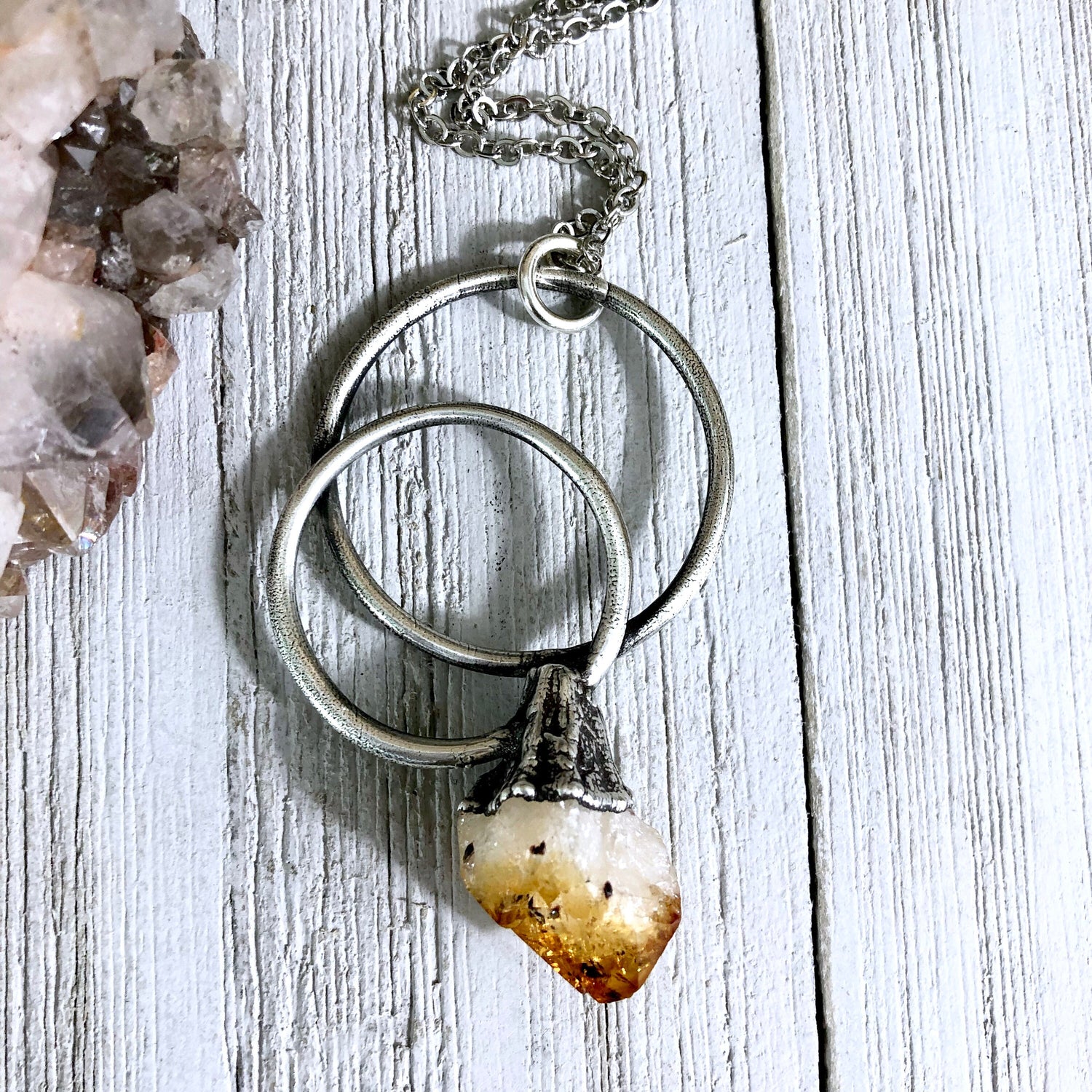 Large Citrine Necklace / Big Crystal Necklace Silver / Natural Crystal Jewelry
