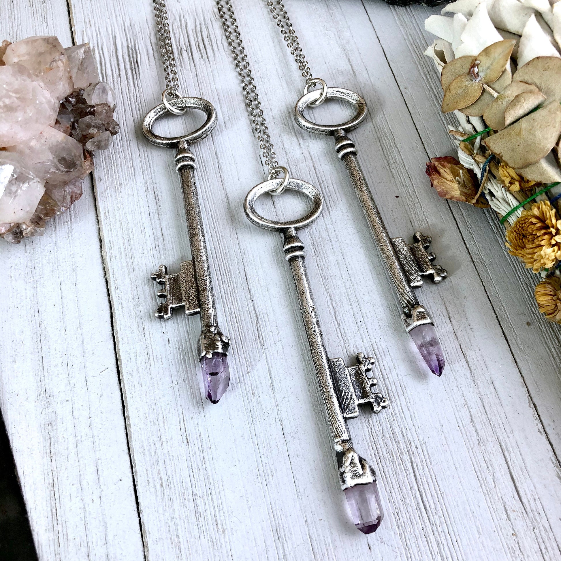 Raw Amethyst Crystal Vintage Skeleton Key Necklace Pendant in Fine Sil –  Foxlark Crystal Jewelry