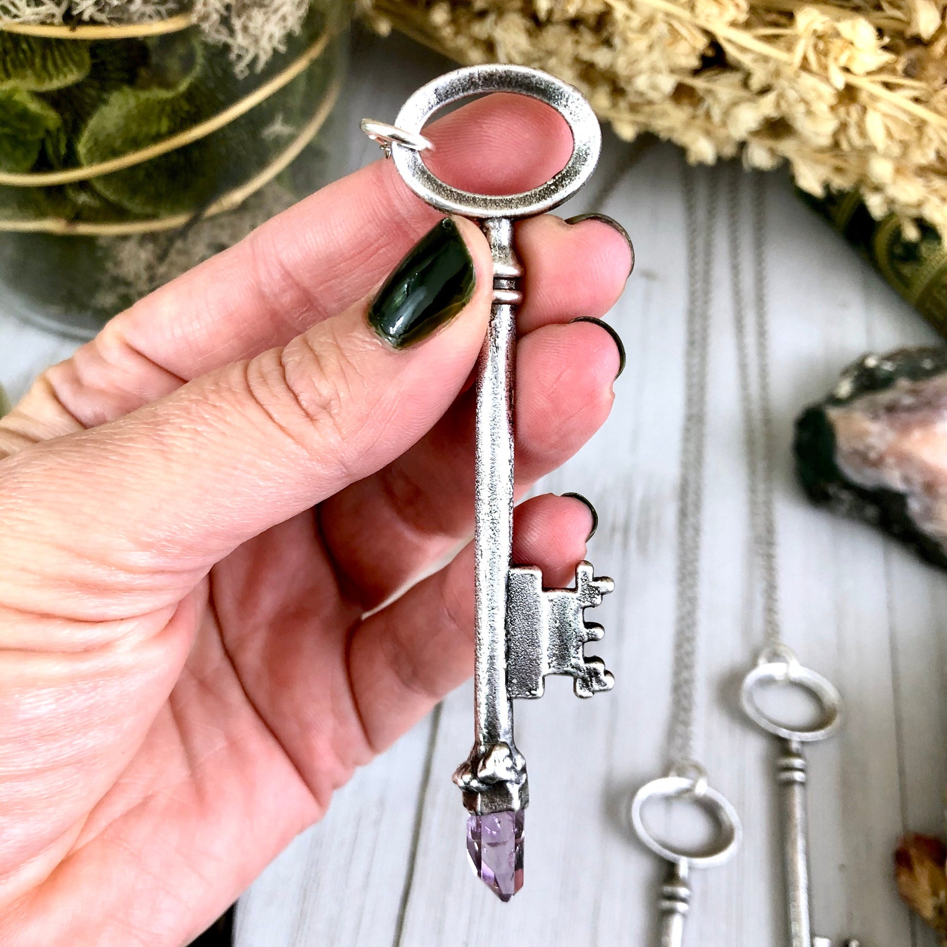 Raw Amethyst Crystal Vintage Skeleton Key Necklace Pendant in Fine Sil –  Foxlark Crystal Jewelry