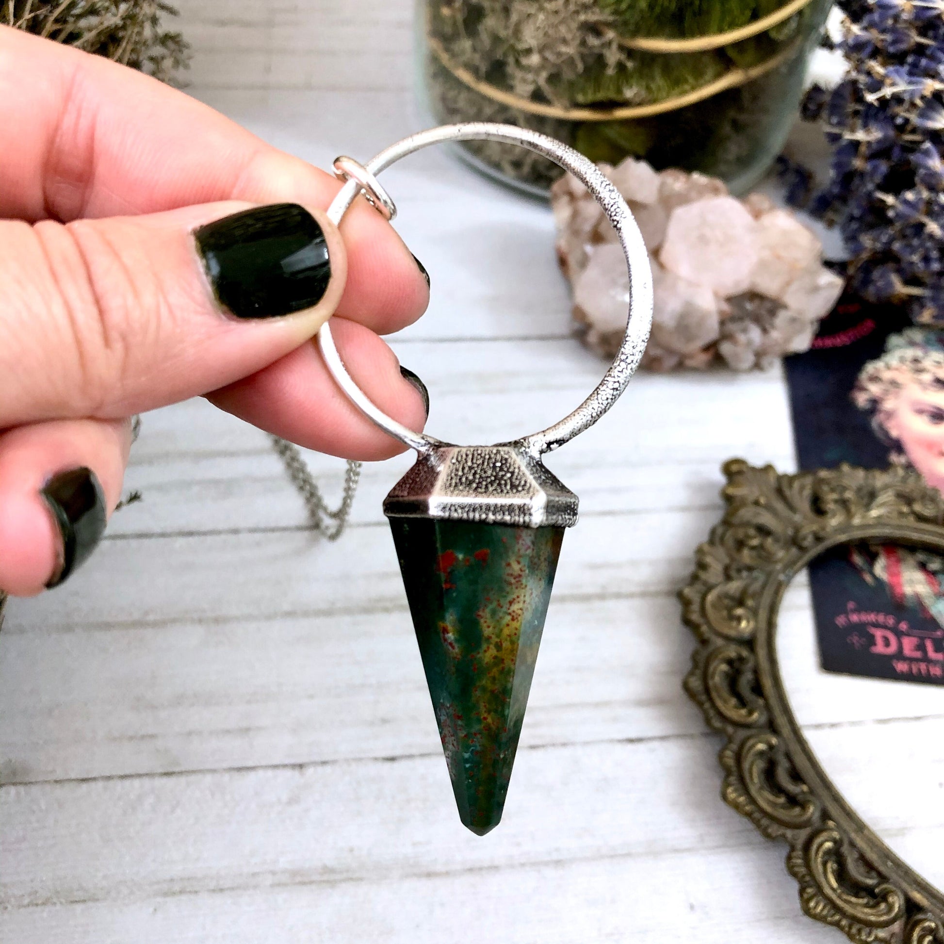 Silver Crystal Pendulum Necklace / Bloodstone Necklace in Silver - Foxlark Crystal Jewelry