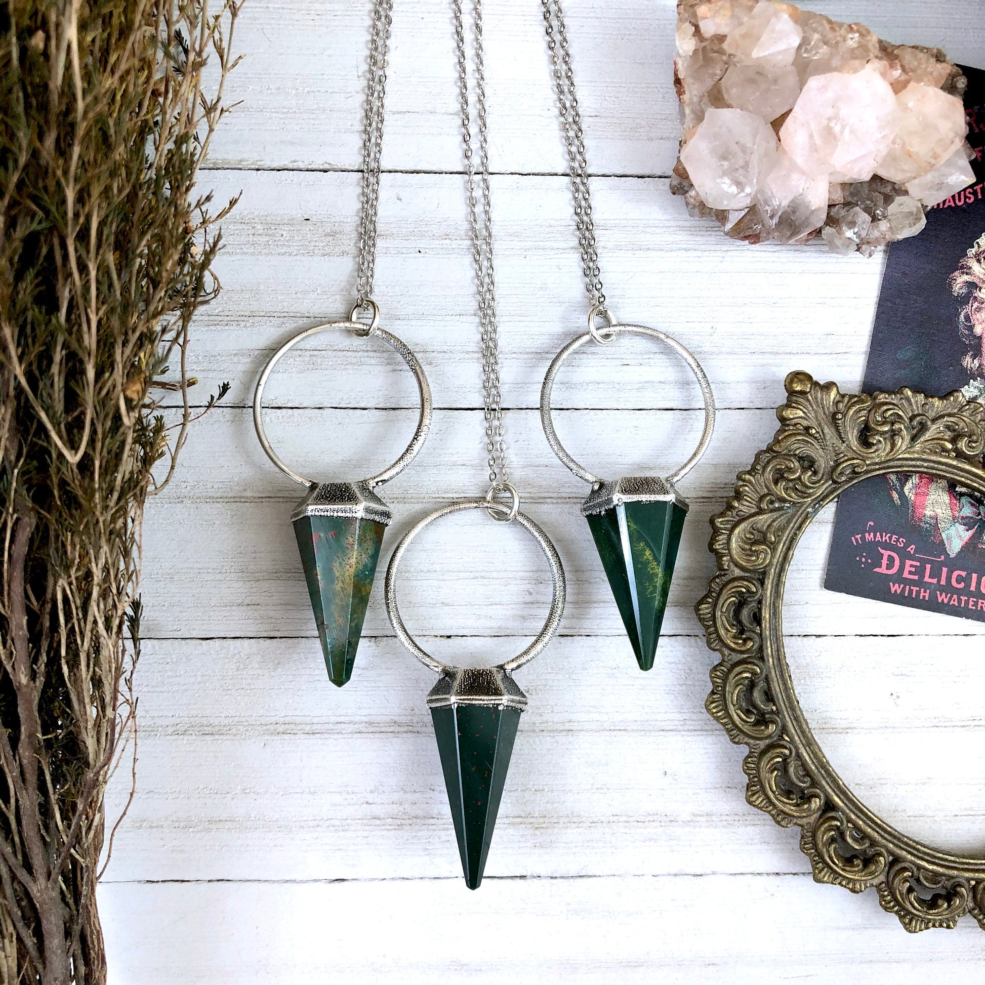 Silver Crystal Pendulum Necklace / Bloodstone Necklace in Silver - Foxlark Crystal Jewelry