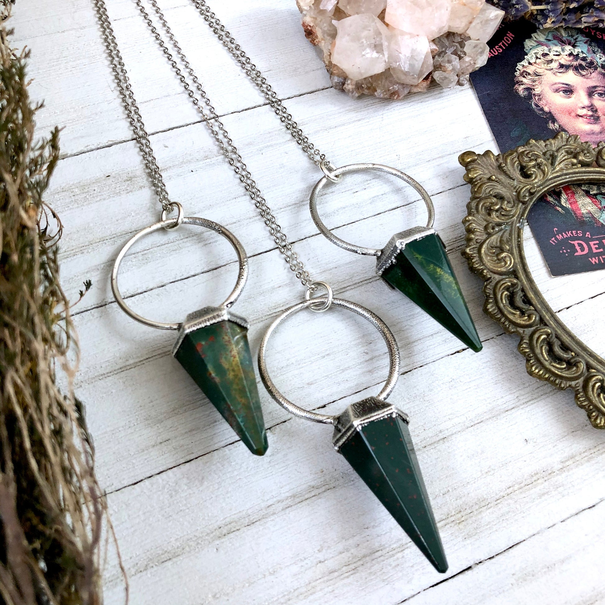 Silver Crystal Pendulum Necklace / Bloodstone Necklace in Silver - Foxlark Crystal Jewelry