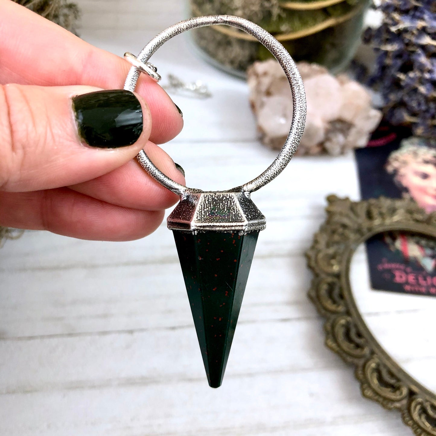 Silver Crystal Pendulum Necklace / Bloodstone Necklace in Silver - Foxlark Crystal Jewelry