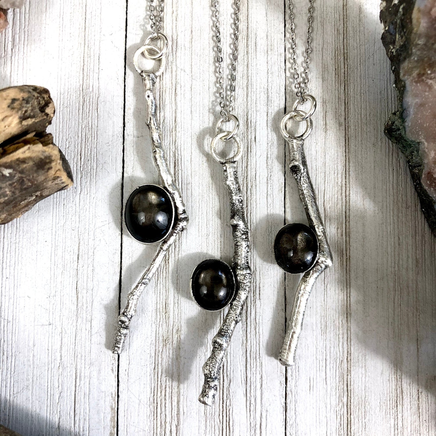 Sticks & Stones Necklace Pendant / Crystal Necklace Black Star Sunstone Silver Necklace