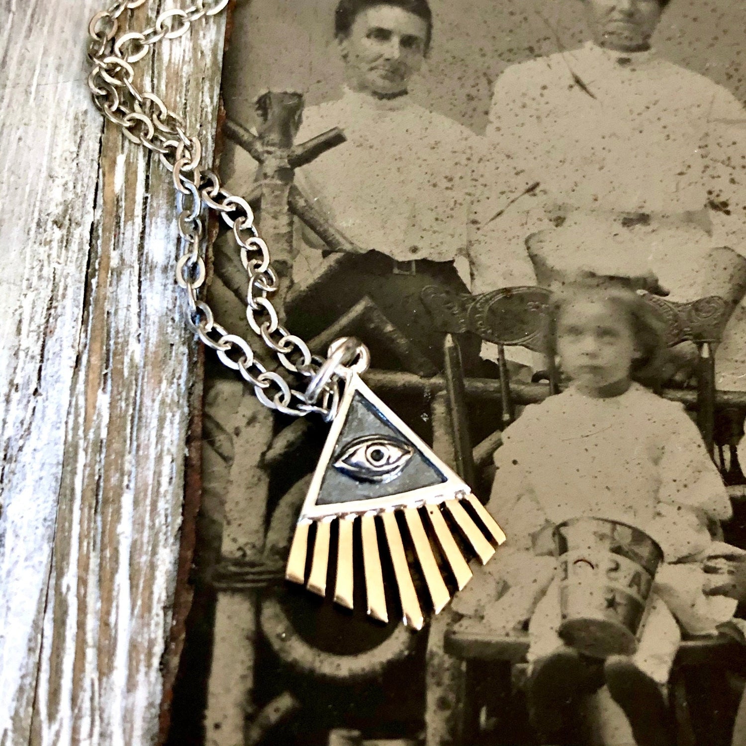 Tiny Talisman Collection - Sterling Silver All Seeing Eye Necklace Pendant with Bronze 18x14mm / Curated Collection