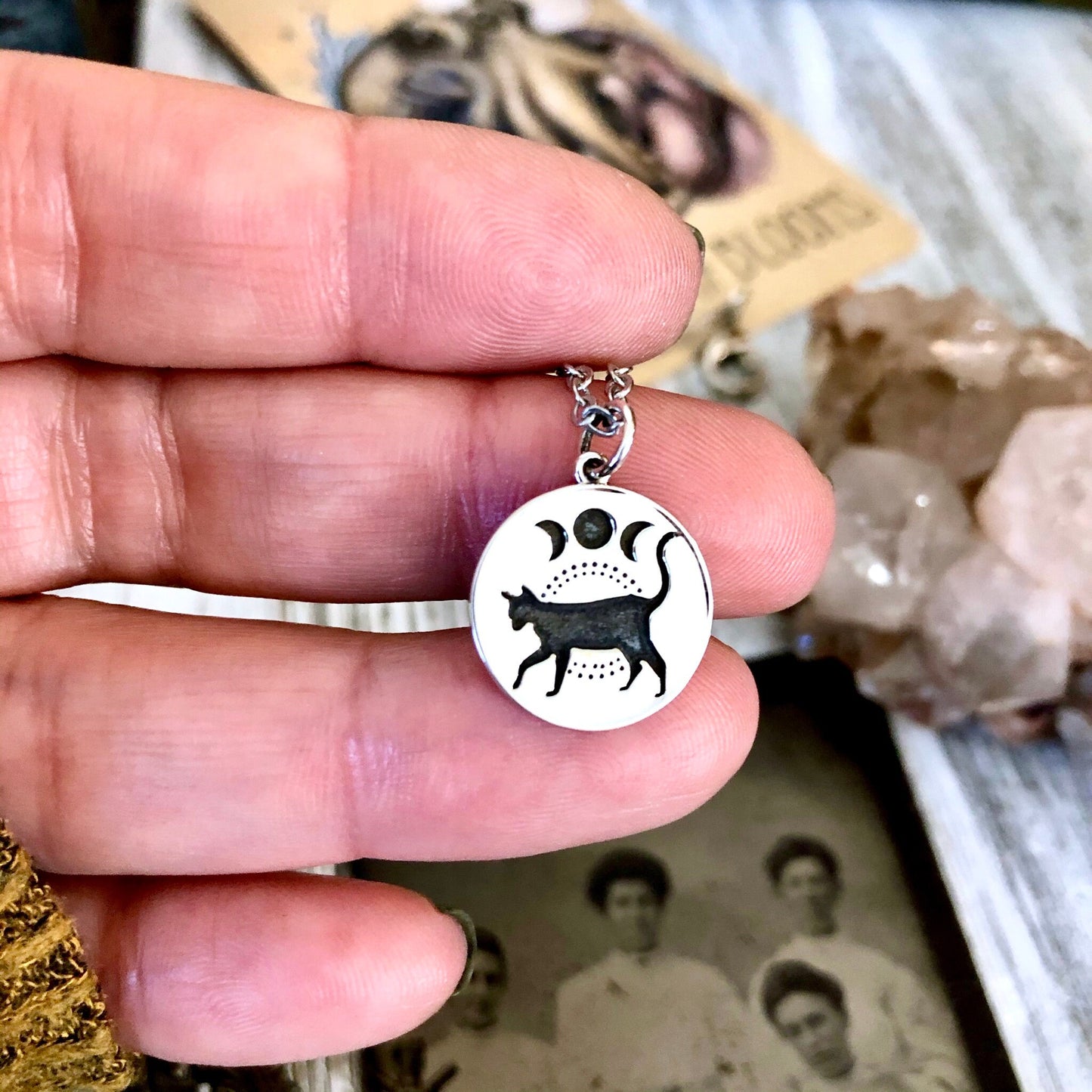Tiny Talisman Collection - Sterling Silver Black Cat & Moon Phase Necklace Pendant 15mm / Curated Collection
