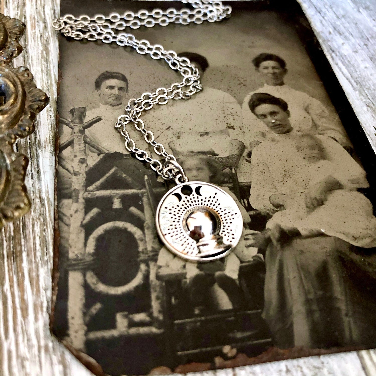 Tiny Talisman Collection - Sterling Silver Crystal Ball with Moon Phases Necklace Pendant 15mm / Curated Collection