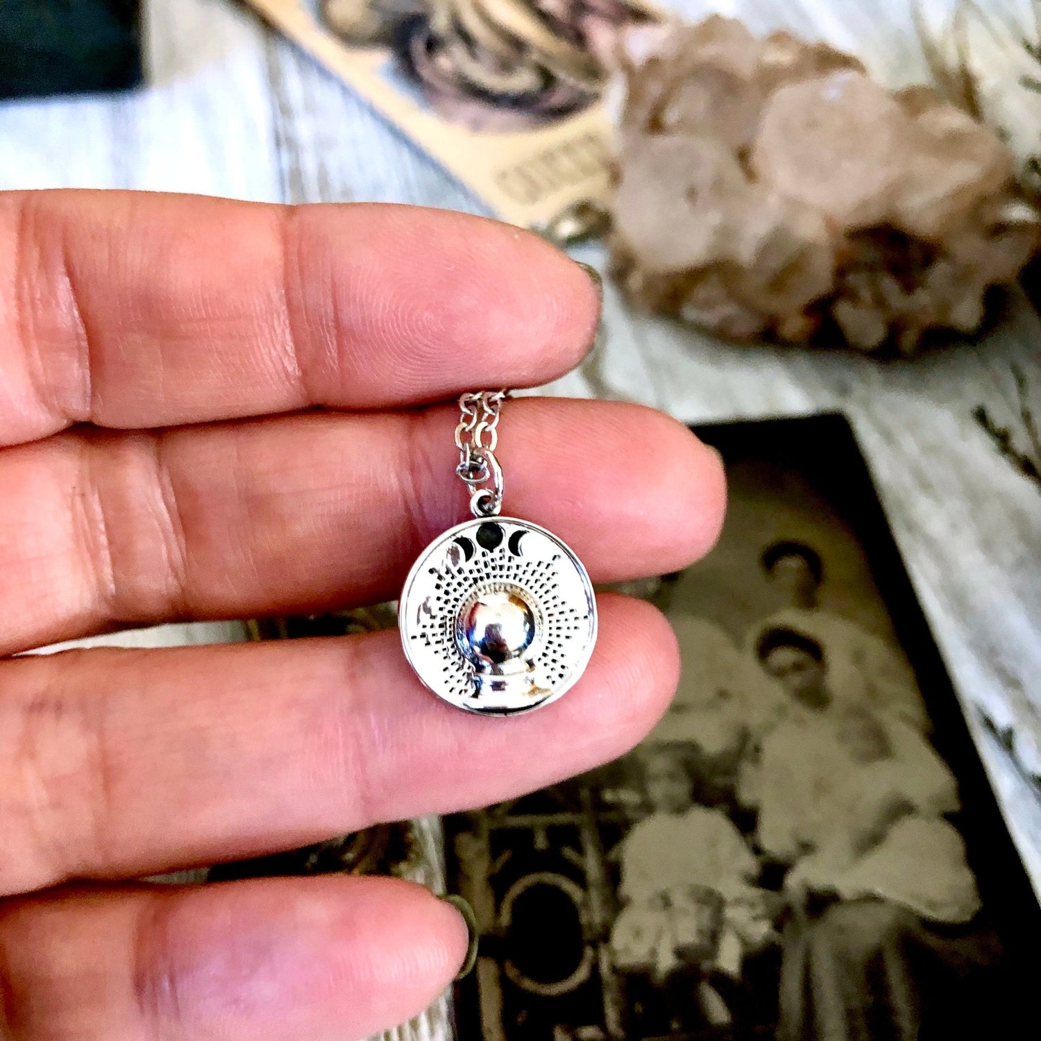 Tiny Talisman Collection - Sterling Silver Crystal Ball with Moon Phases Necklace Pendant 15mm / Curated Collection