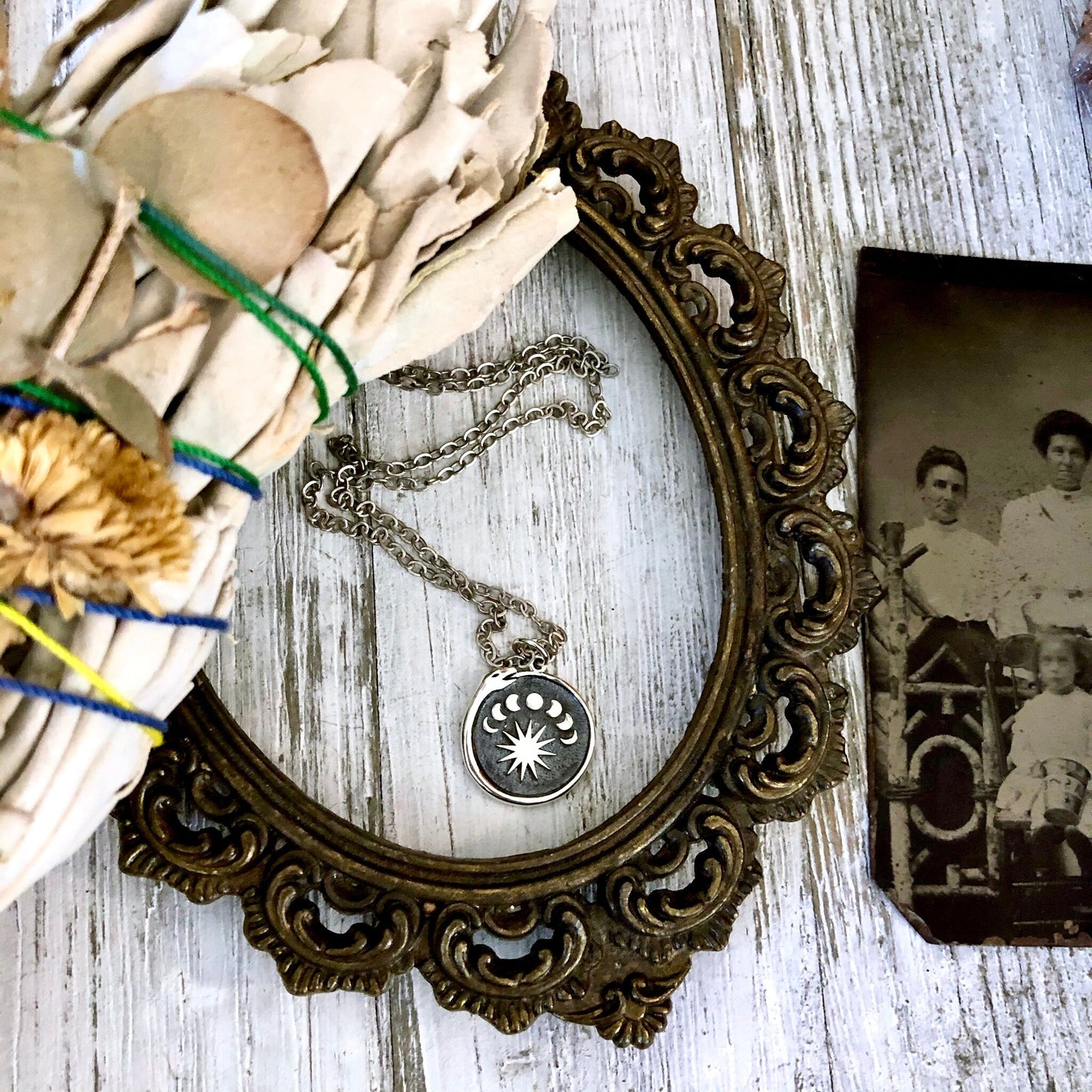 Tiny Talisman Collection - Sterling Silver Silver Ouroboros with Moon Phases Necklace Pendant 15mm /