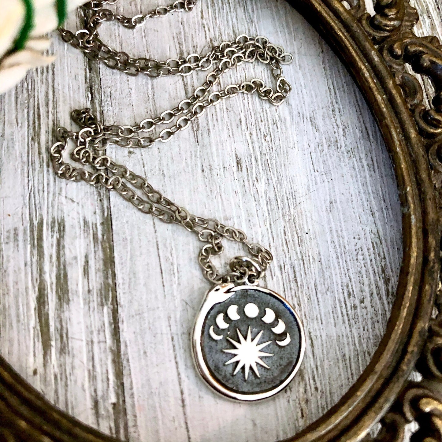 Tiny Talisman Collection - Sterling Silver  Silver Ouroboros Snake. with Moon Phases Necklace Pendant  15mm /.