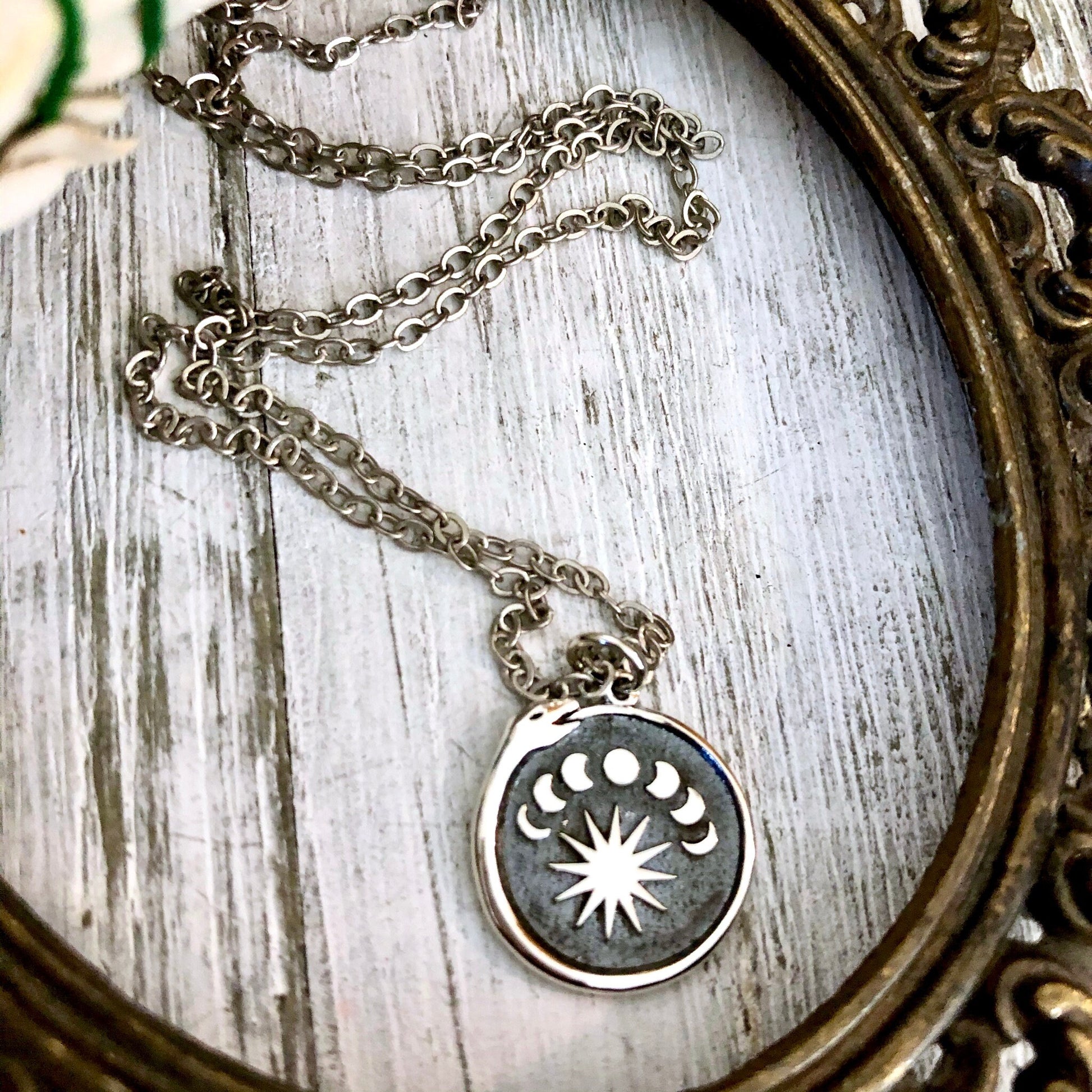 Tiny Talisman Collection - Sterling Silver Silver Ouroboros with Moon Phases Necklace Pendant 15mm /