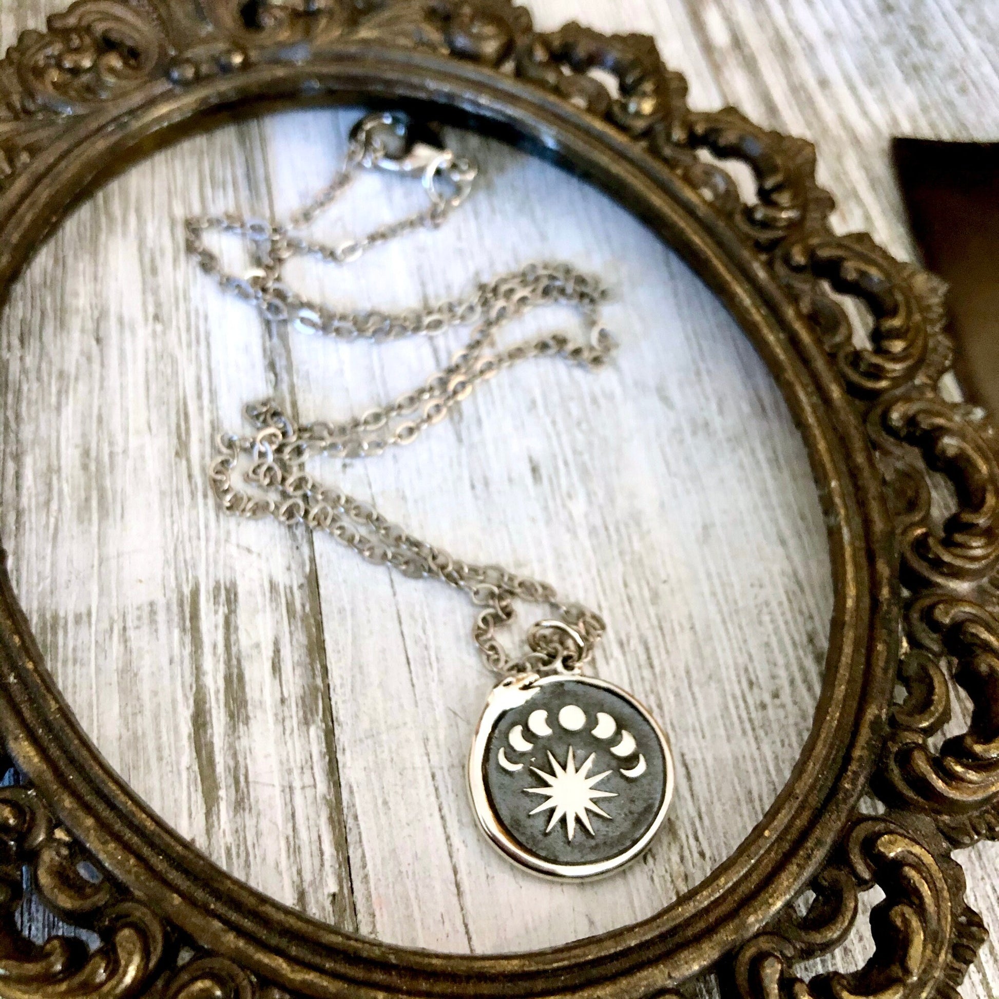 Tiny Talisman Collection - Sterling Silver Silver Ouroboros with Moon Phases Necklace Pendant 15mm /