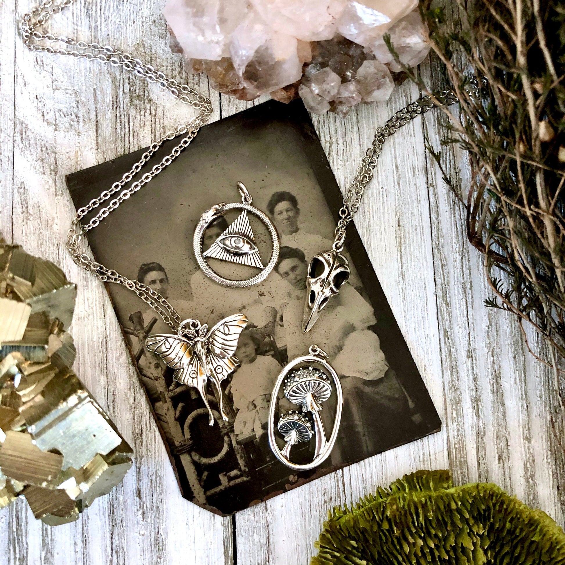 Tiny Talisman Collection - Sterling Silver All Seeing Eye and Ouroboros Necklace Pendant 21x21mm /