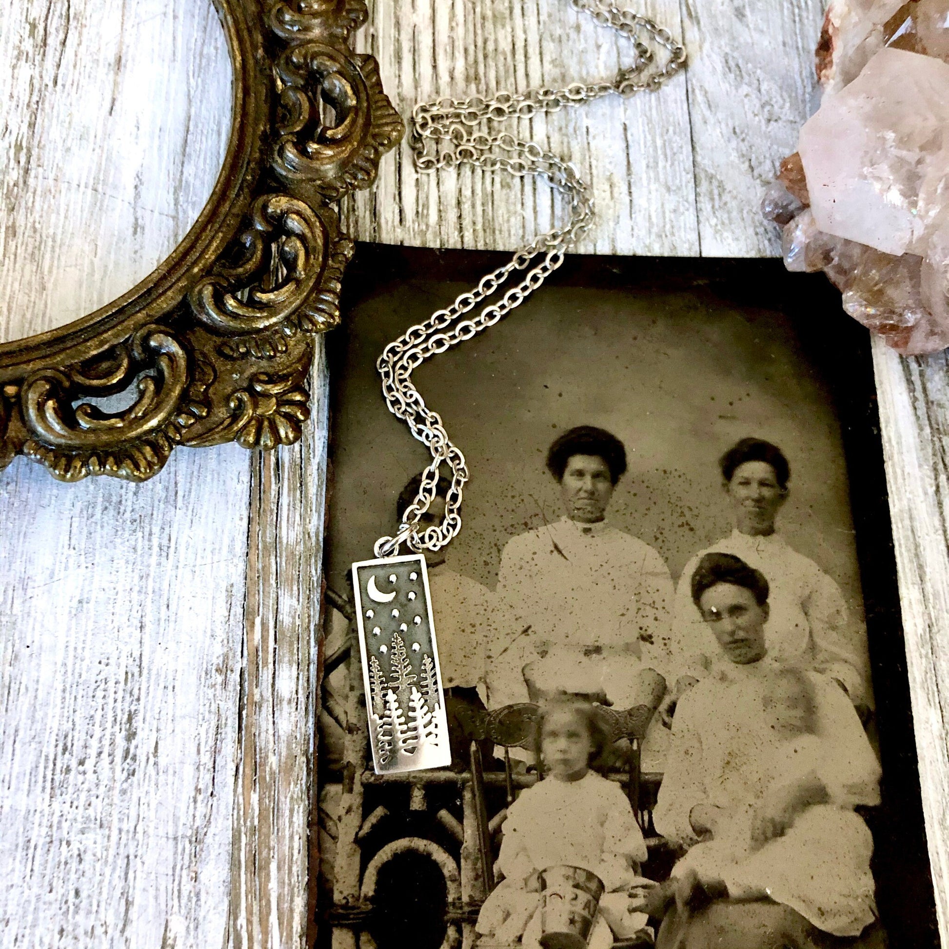 Tiny Talisman Collection - Sterling Silver Rectangle Pine Tree with Moon Necklace Pendant 23x8mm /