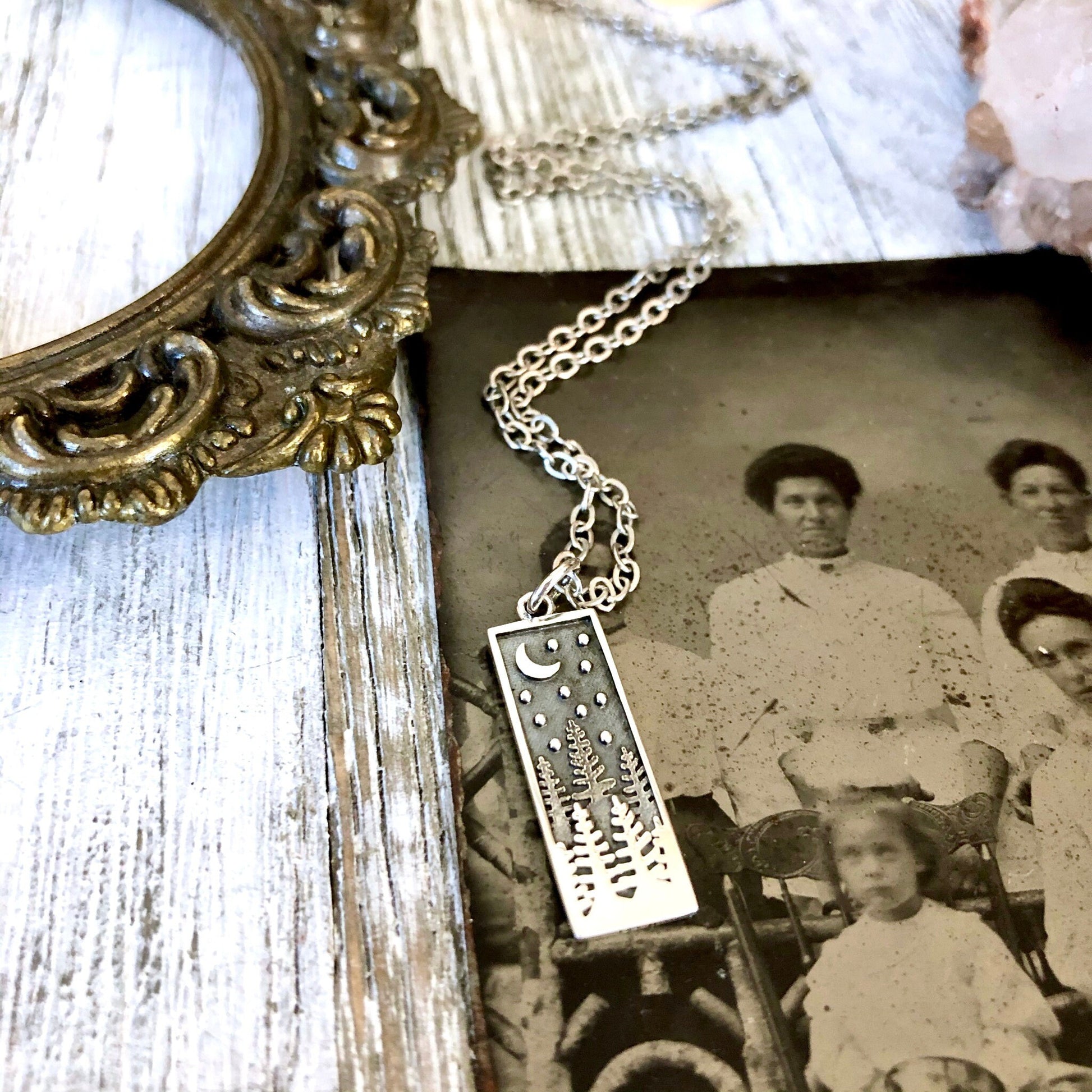 Tiny Talisman Collection - Sterling Silver Rectangle Pine Tree with Moon Necklace Pendant 23x8mm /.