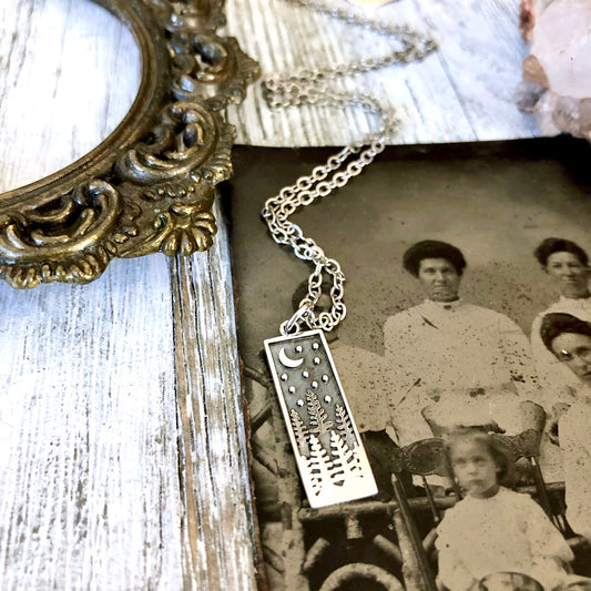 Tiny Talisman Collection - Sterling Silver Rectangle Pine Tree with Moon Necklace Pendant 23x8mm /.