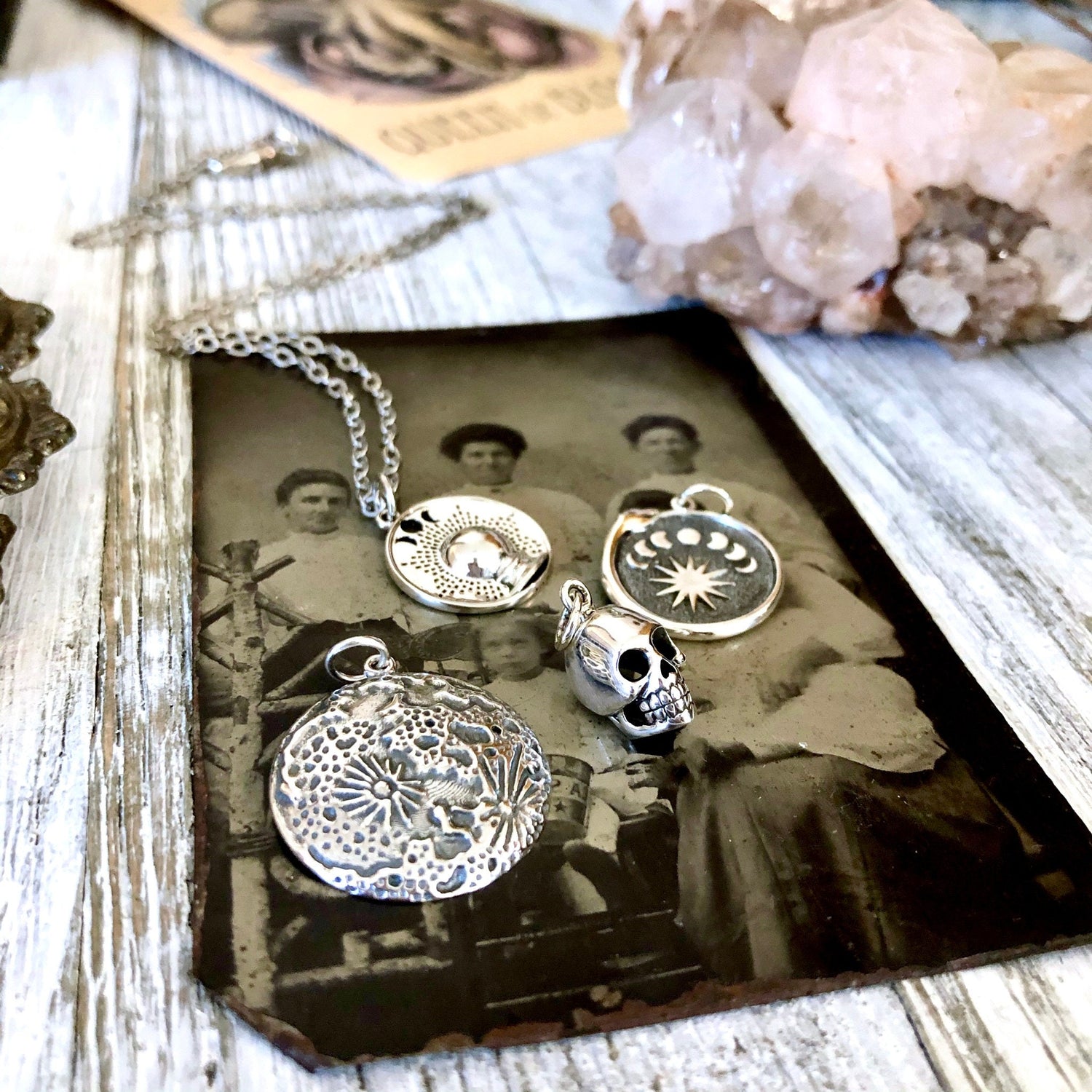 Tiny Talisman Collection - Sterling Silver Crystal Ball with Moon Phases Necklace Pendant 15mm / Curated Collection