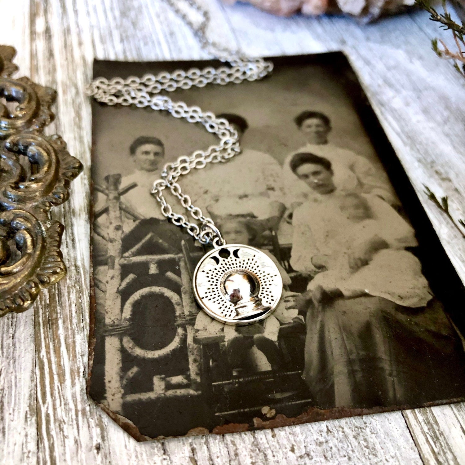 Tiny Talisman Collection - Sterling Silver Crystal Ball with Moon Phases Necklace Pendant 15mm / Curated Collection