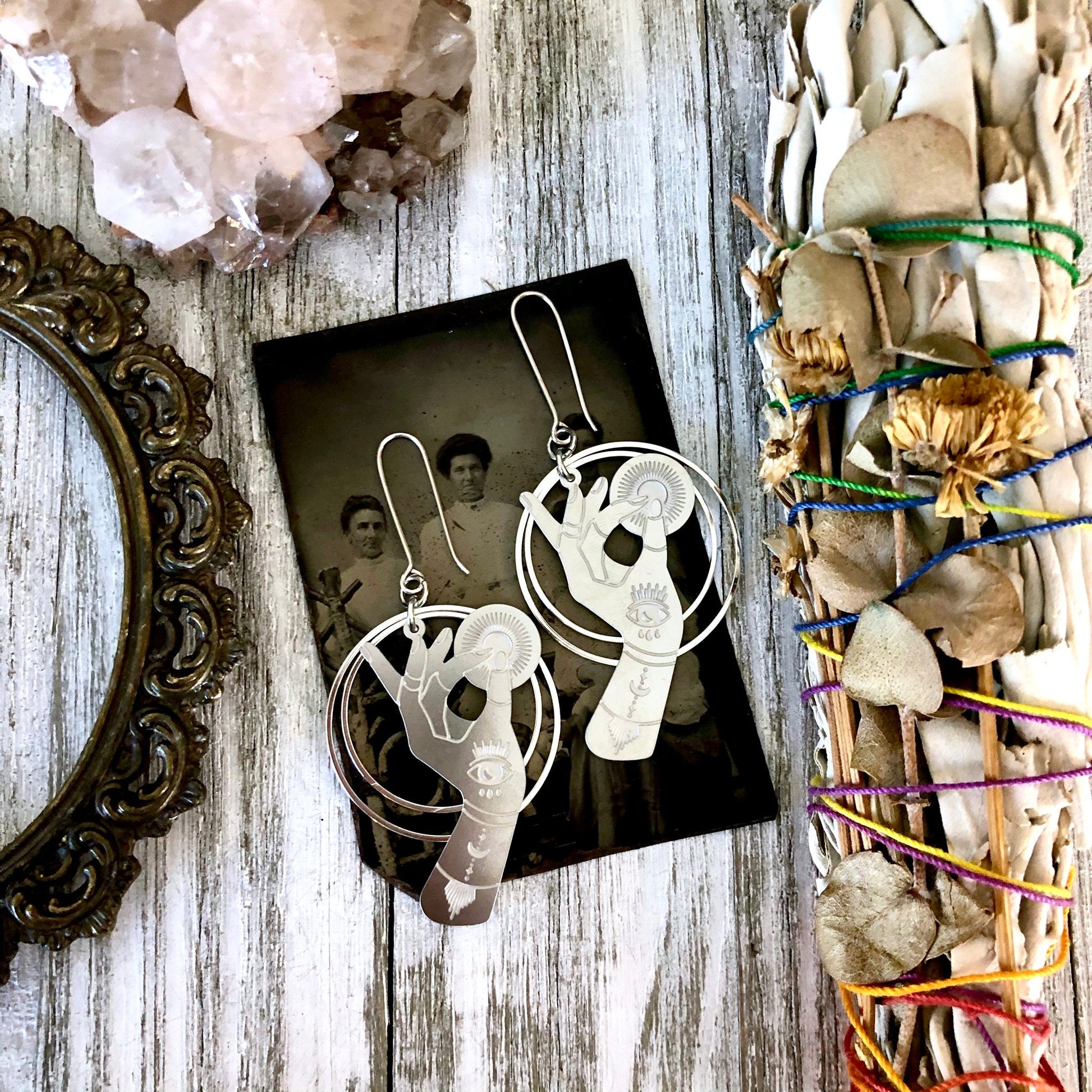 Fortune Teller Earrings Sterling Silver & Stainless Steel Earrings/  Evil Eye Moon Earrings  - Long Dangly Geometric Earrings.