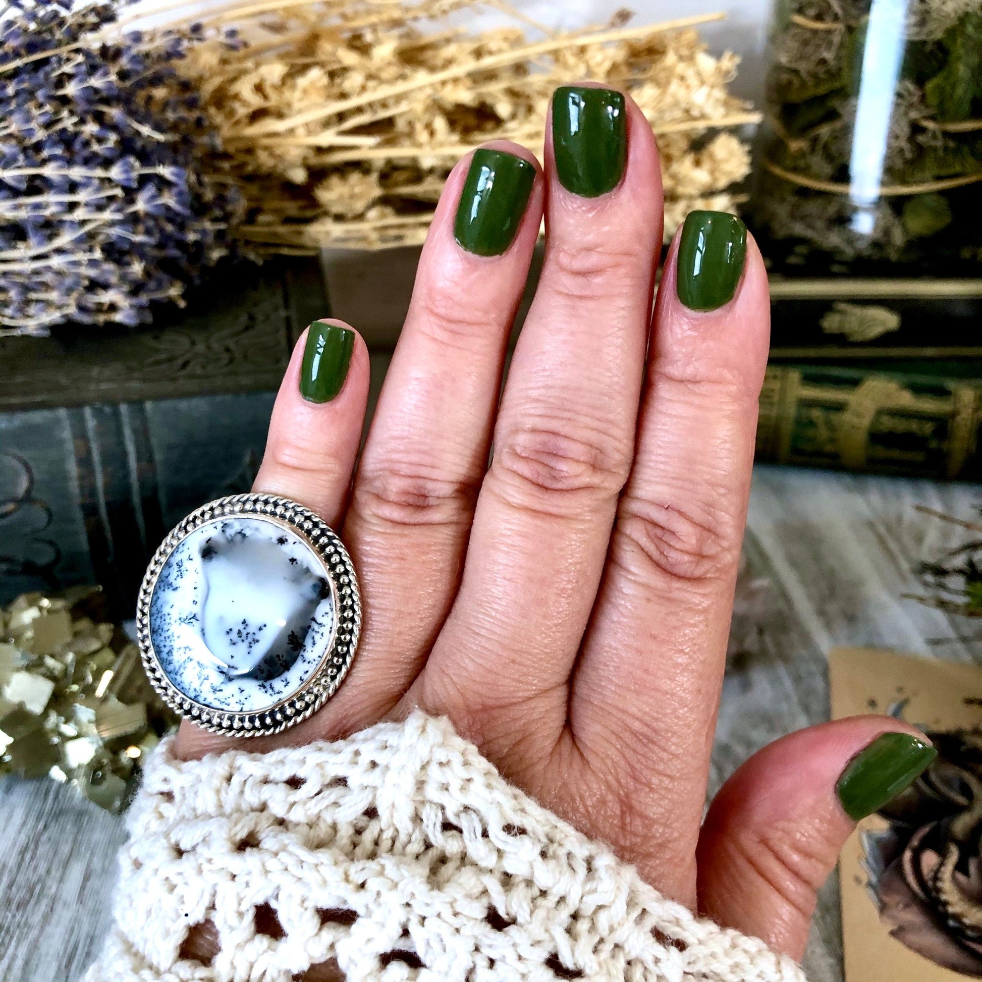 Size 6 Dendritic Opal Statement Ring Set in Sterling Silver / Curated by FOXLARK Collection - Foxlark Crystal Jewelry