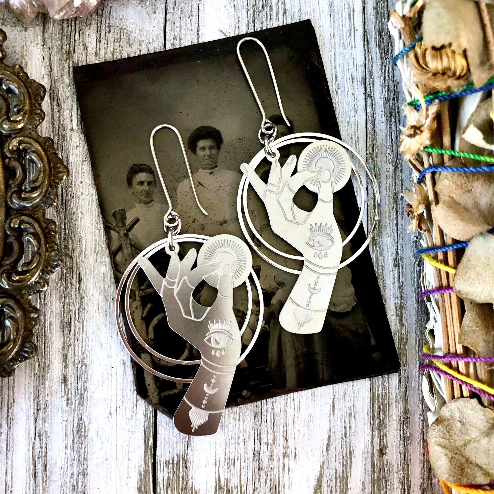 Fortune Teller Earrings Sterling Silver & Stainless Steel Earrings/  Evil Eye Moon Earrings  - Long Dangly Geometric Earrings.