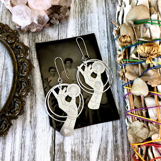 Fortune Teller Earrings Sterling Silver & Stainless Steel Earrings/  Evil Eye Moon Earrings  - Long Dangly Geometric Earrings.