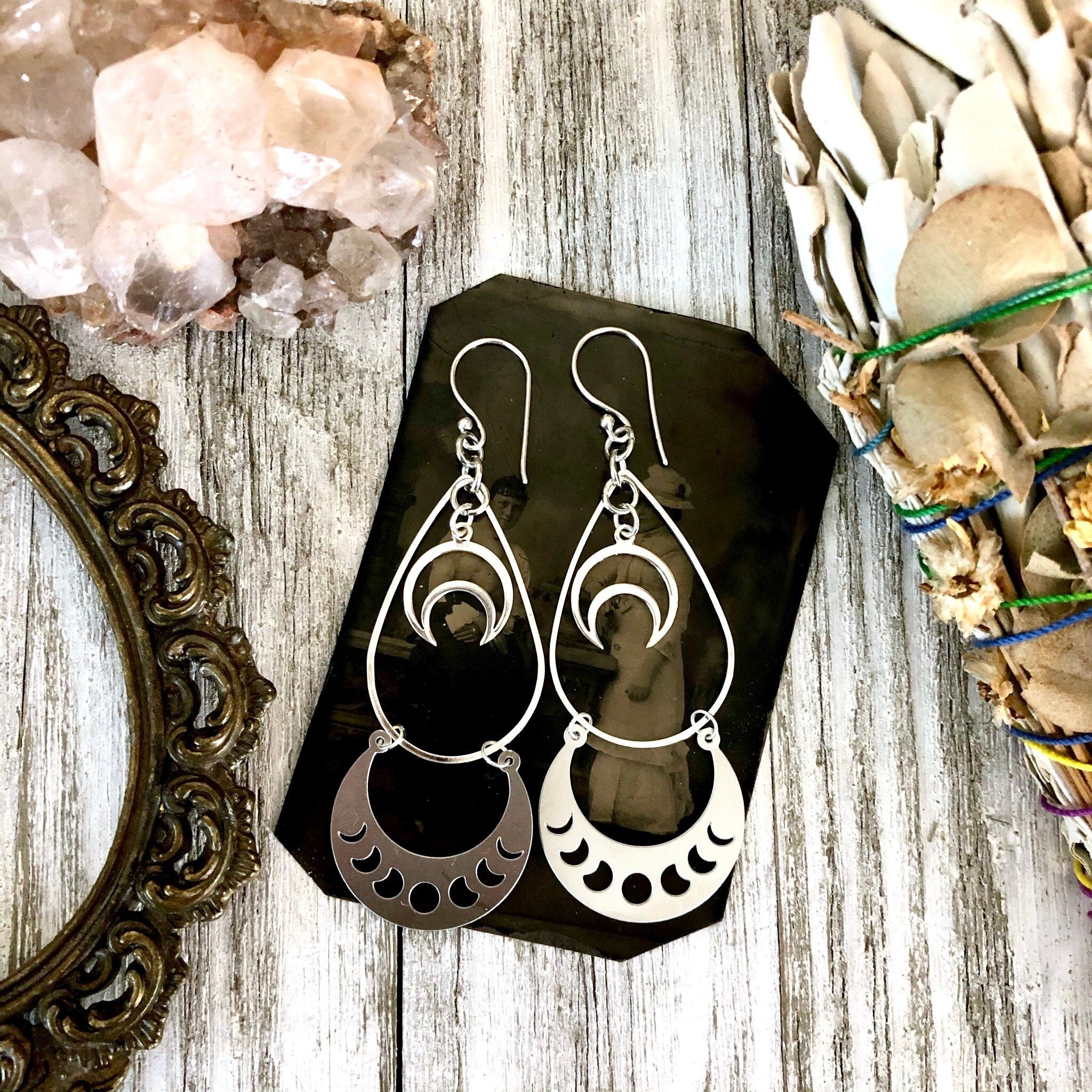 Moon Phase Sterling Silver Stainless Steel Earrings Crescent Moon
