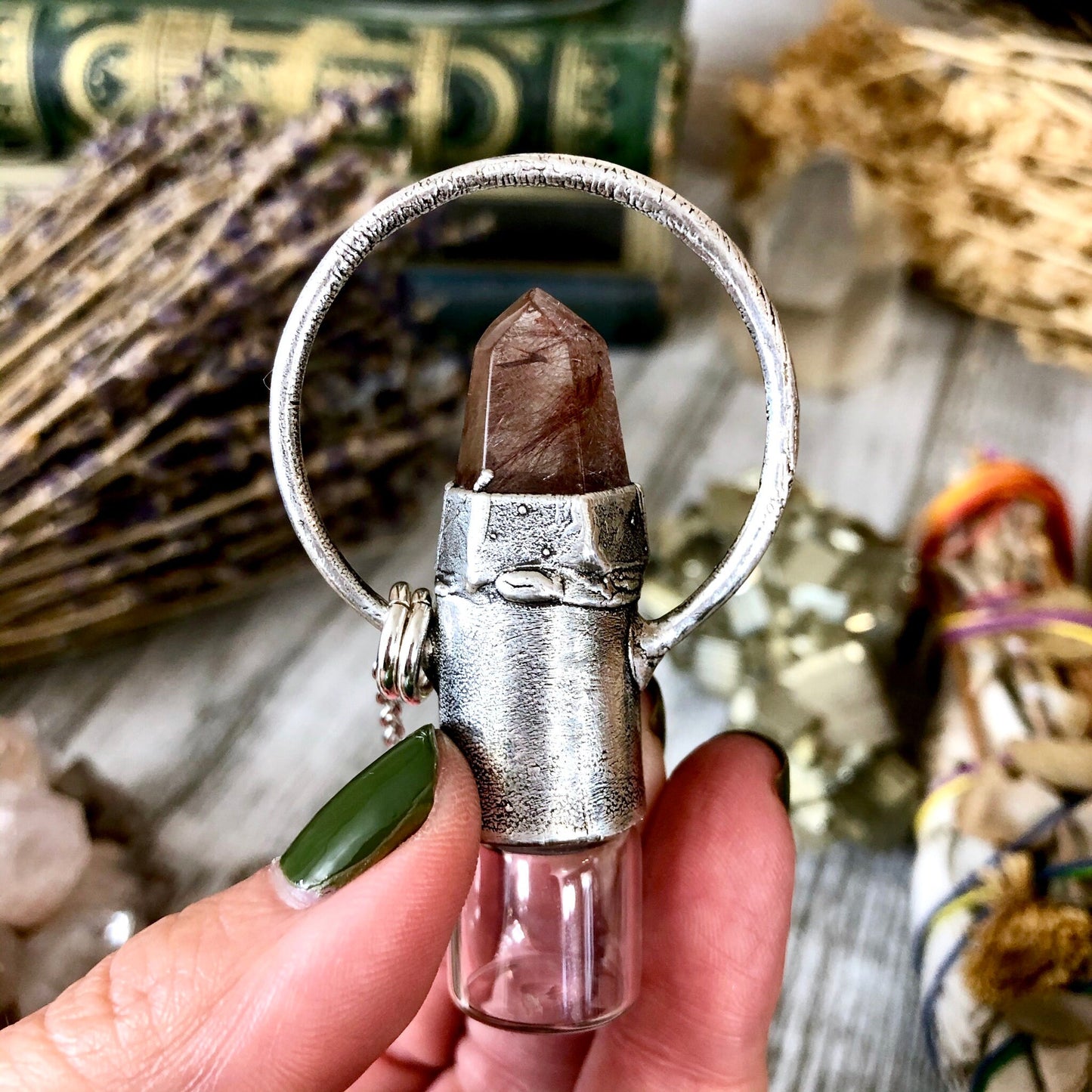 Rutilated Quartz Crystal Essential Oil Rollerball Necklace Pendant in Silver / Foxlark Collection - One of a Kind
