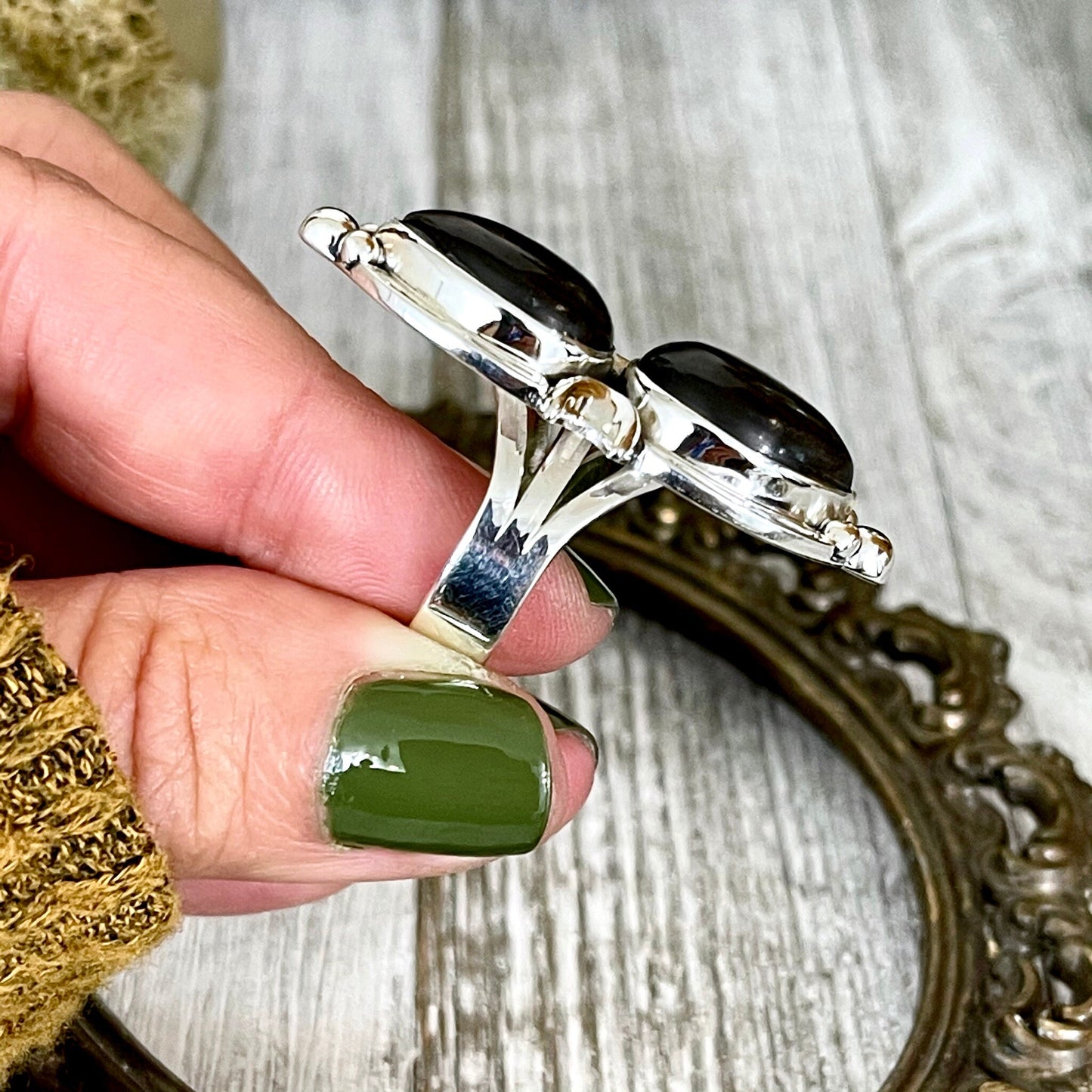 Mystic Moons Silver Sheen Obsidian Crystal Ring in Solid Sterling Silver- Designed by FOXLARK Collection Size 5 6 7 8 9 10 11 Adjustable.