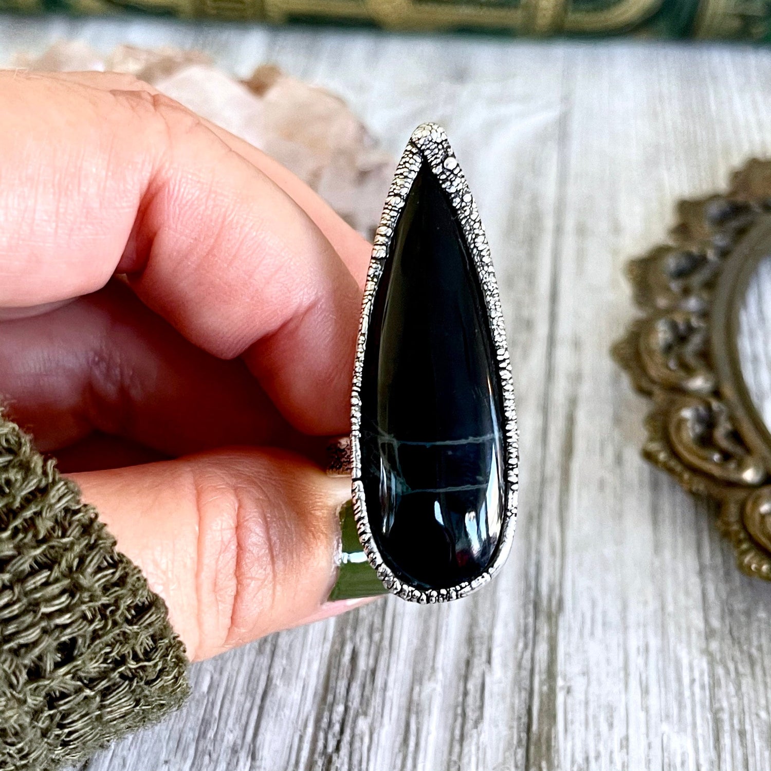 Size 6 Big Natural Spider Web Obsidian Statement Ring in Fine Silver / Foxlark Collection - One of a Kind