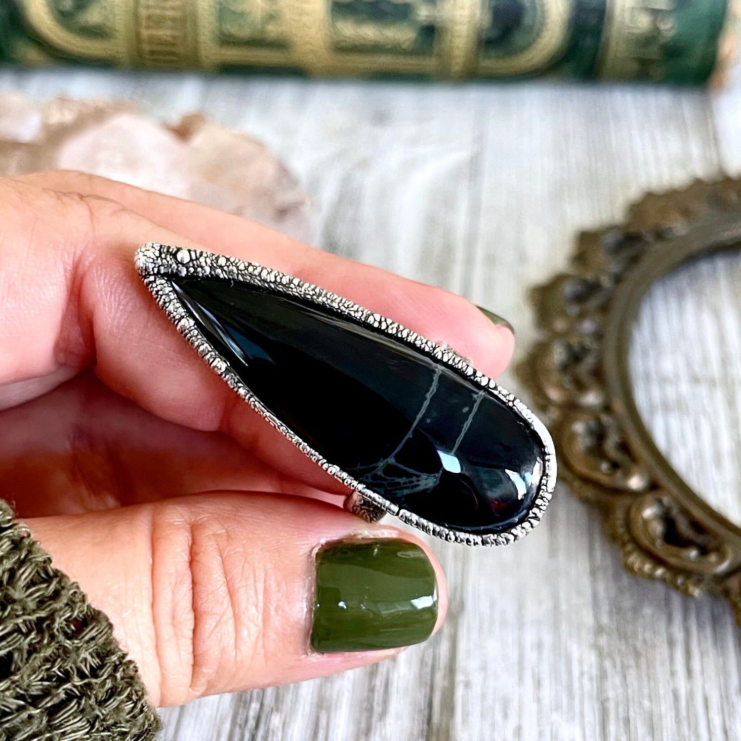 Size 6 Big Natural Spider Web Obsidian Statement Ring in Fine Silver / Foxlark Collection - One of a Kind