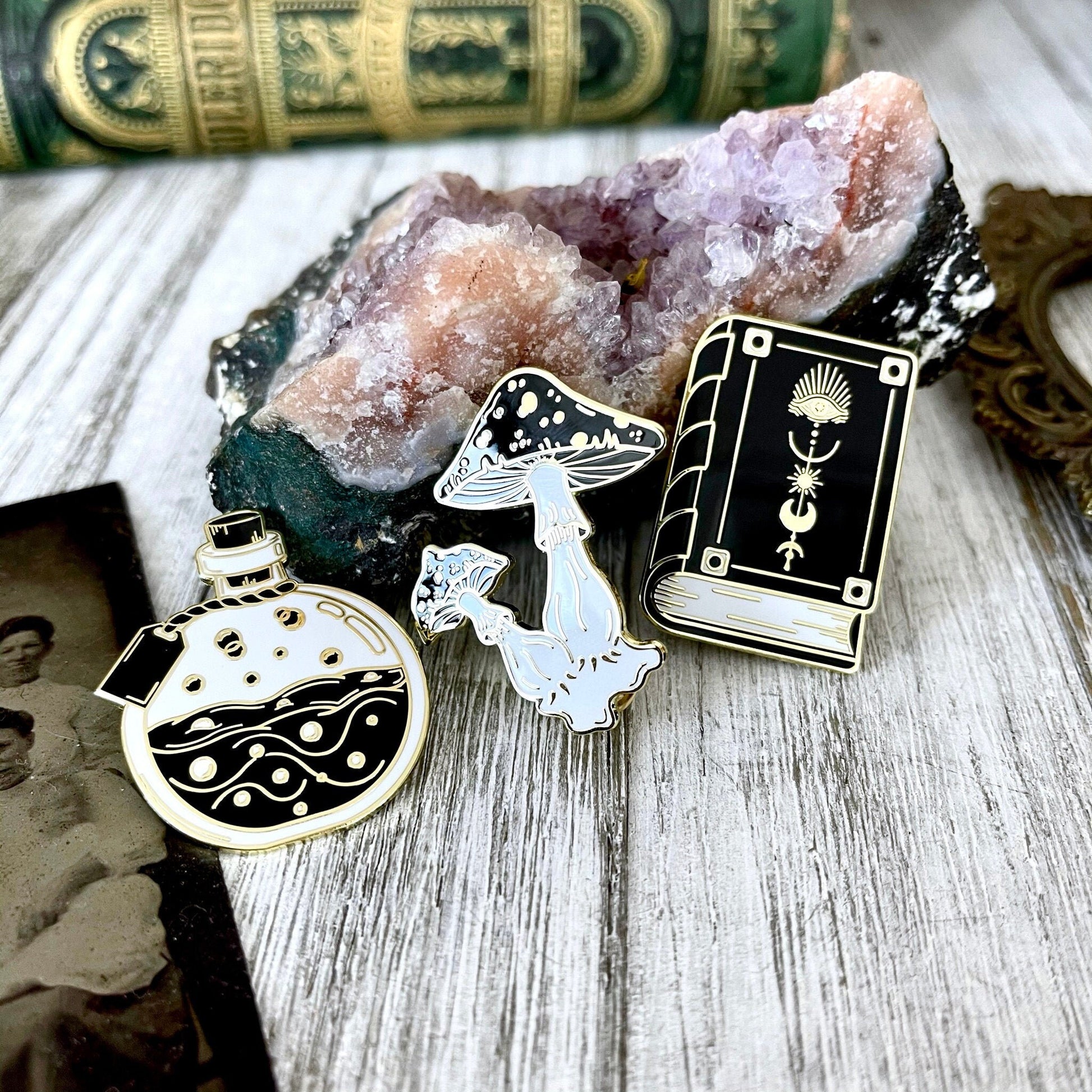 FOXLARK Witchy Pin Set - Set of 3 Witchy Enamel Pins- Mushroom Pin, Potion Bottle Pin, Witch Pin , Book Pin