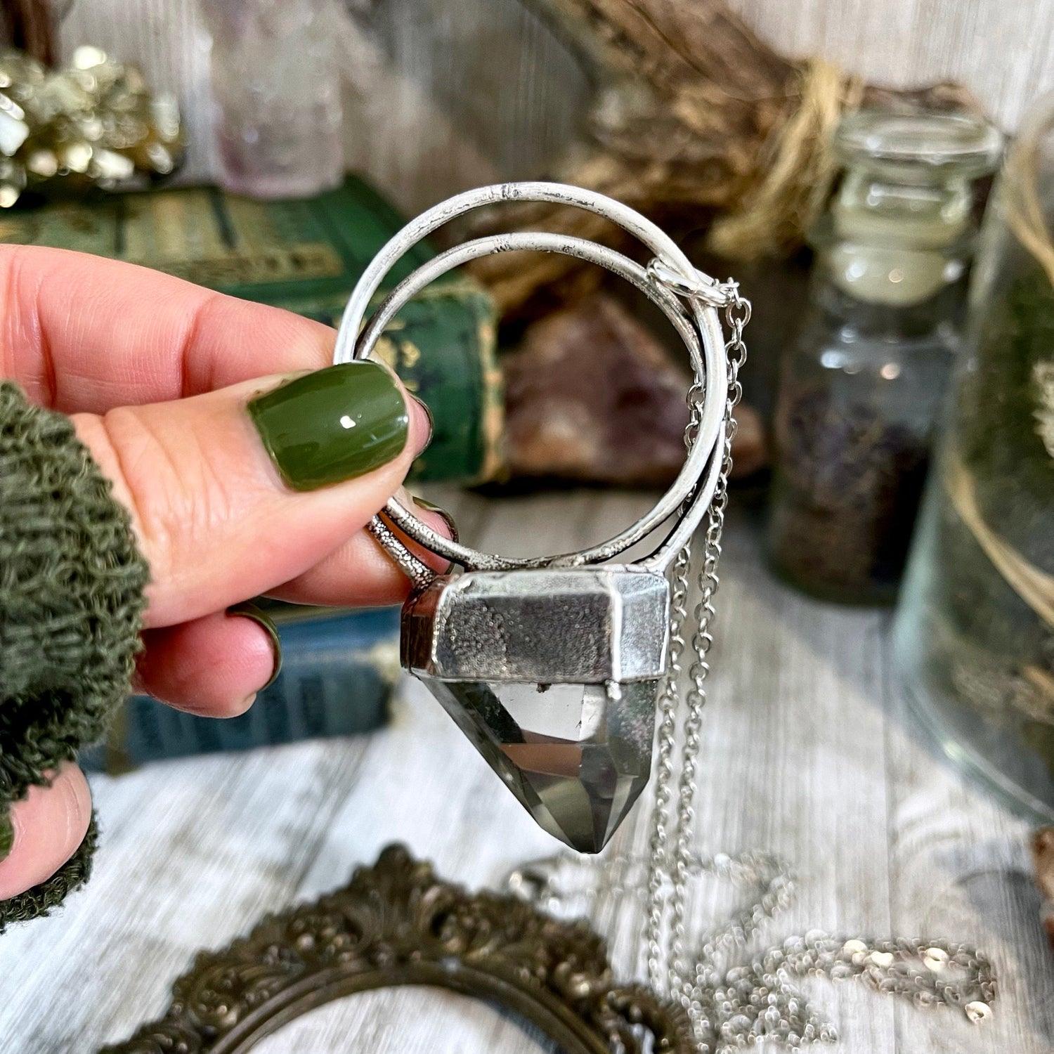 Large Clear Quartz Crystal Necklace Pendant in Fine Silver