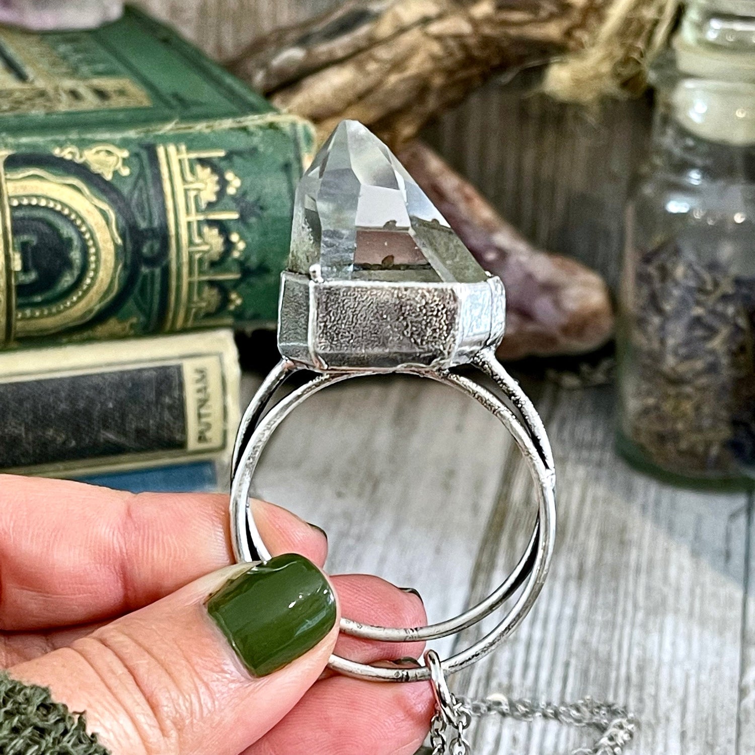 Large Clear Quartz Crystal Necklace Pendant in Fine Silver