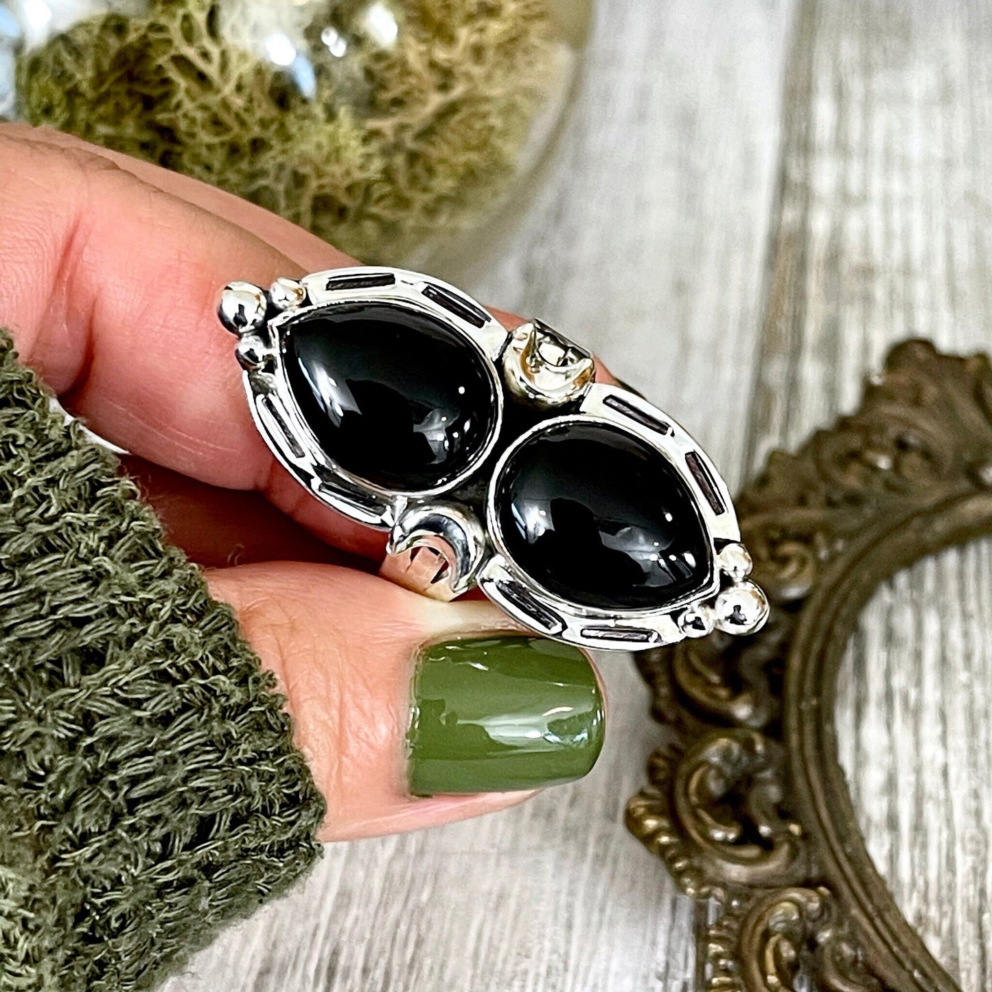 Mystic Moons Black Onyx Crystal Ring in Solid Sterling Silver- Designed by FOXLARK Collection Size 6 7 8 9 10 / Gothic Jewelry