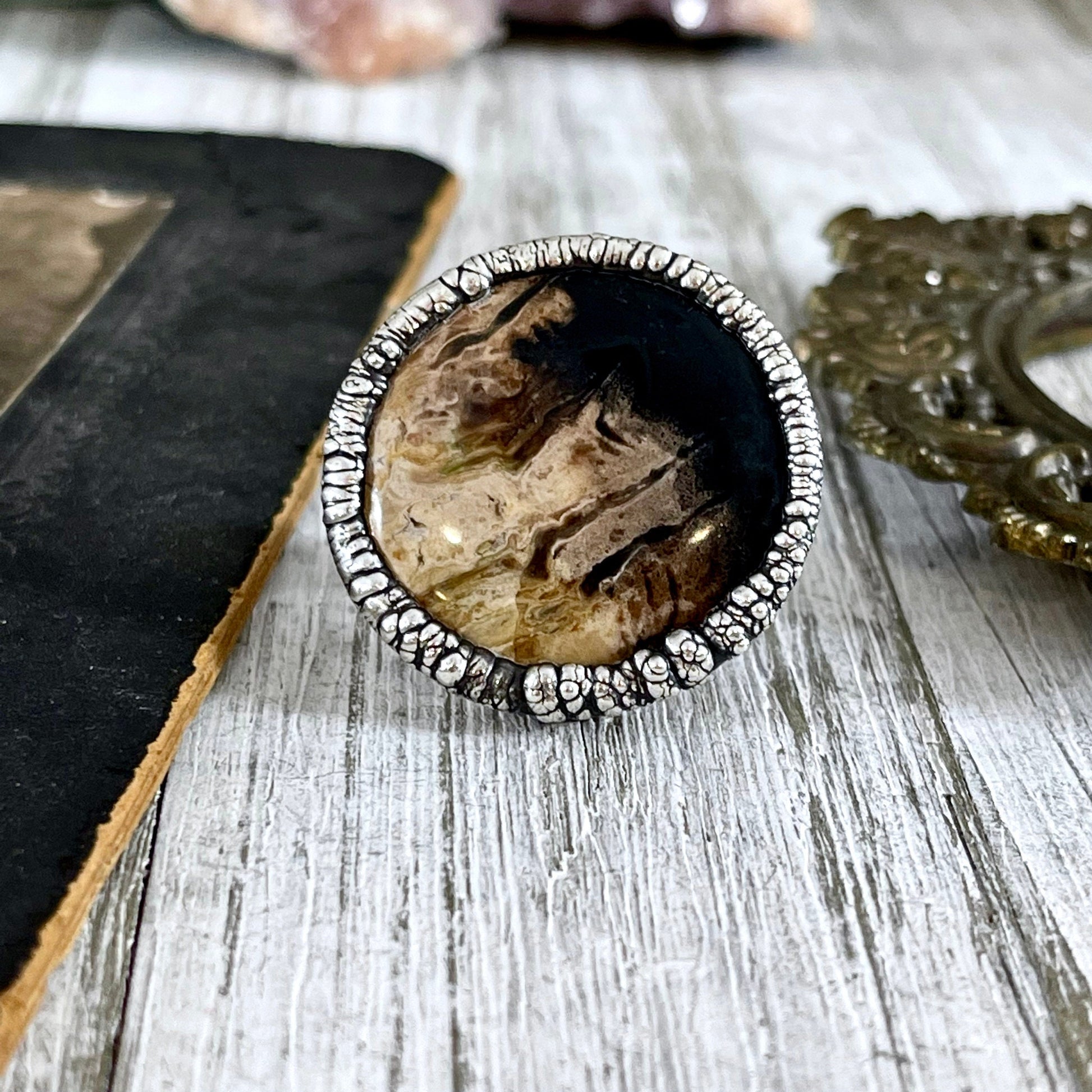 Size 6.5 Large Fossilized Palm Root Statement Ring in Fine Silver / Foxlark Collection - One of a Kind - Foxlark Crystal Jewelry