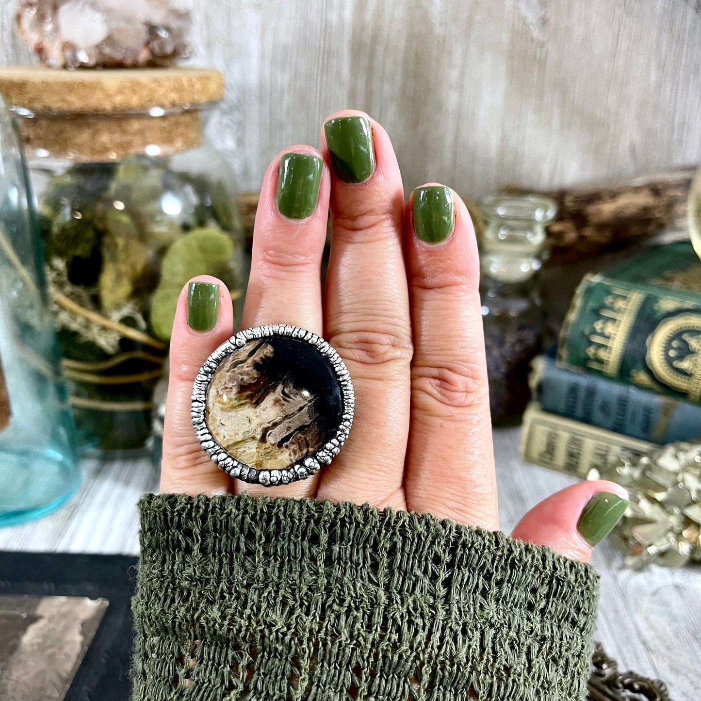 Size 6.5 Large Fossilized Palm Root Statement Ring in Fine Silver / Foxlark Collection - One of a Kind - Foxlark Crystal Jewelry