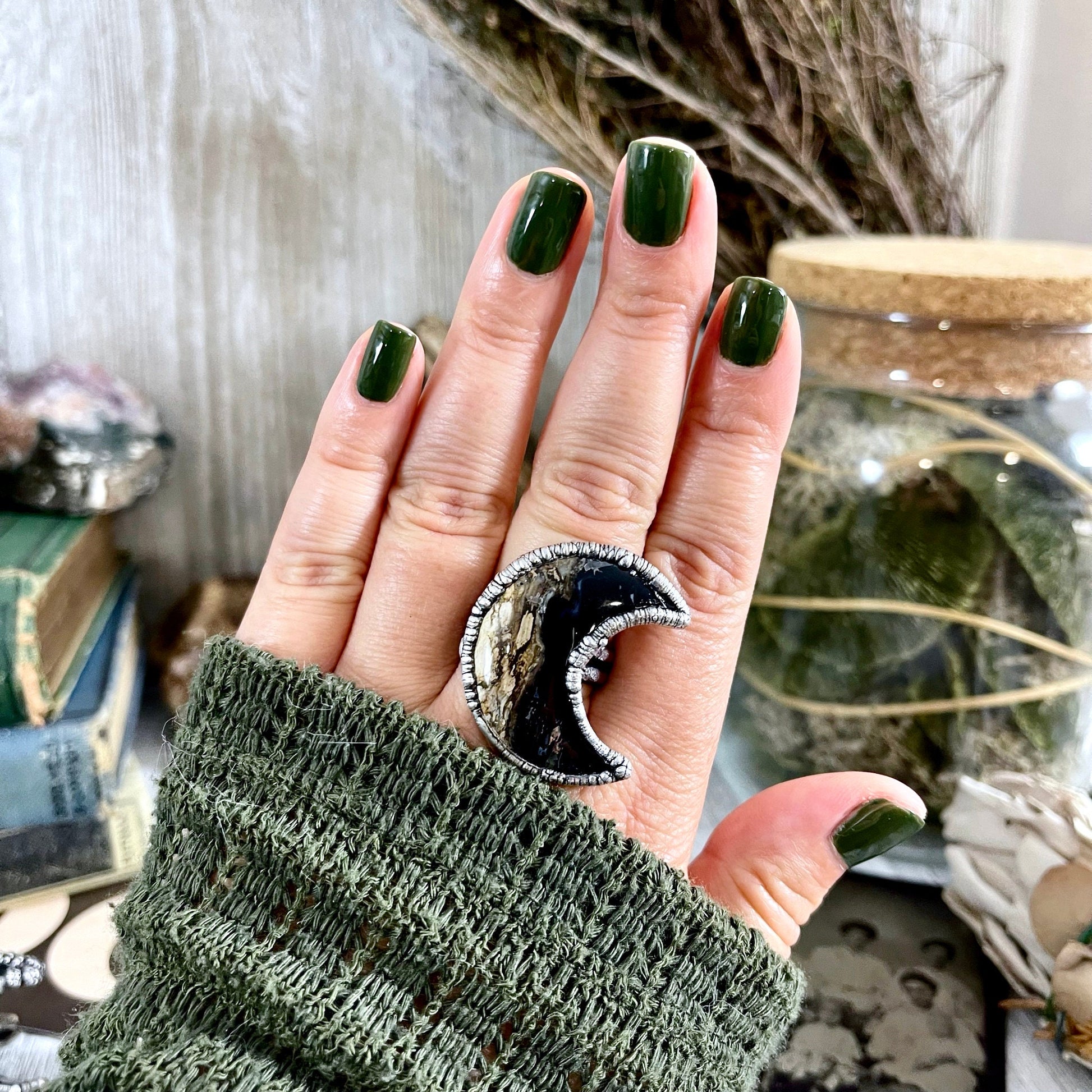 Black Stone, Crescent Moon, Etsy ID: 1102378353, Fossilized Palm Root, FOXLARK- RINGS, Gothic Jewelry, Halloween Jewelry, Healing Crystal, Jewelry, Moon Ring, Ring For Woman, Rings, silver crystal ring, Statement Rings, Witchy Jewelry