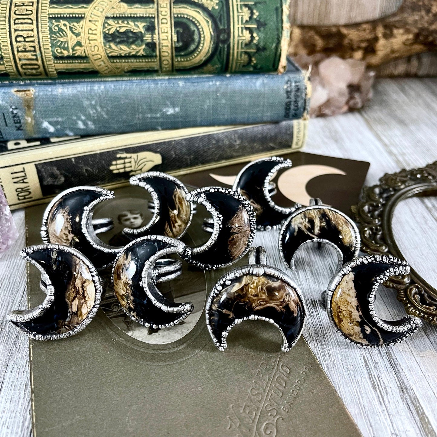 Black Stone, Crescent Moon, Etsy ID: 1102378353, Fossilized Palm Root, FOXLARK- RINGS, Gothic Jewelry, Halloween Jewelry, Healing Crystal, Jewelry, Moon Ring, Ring For Woman, Rings, silver crystal ring, Statement Rings, Witchy Jewelry