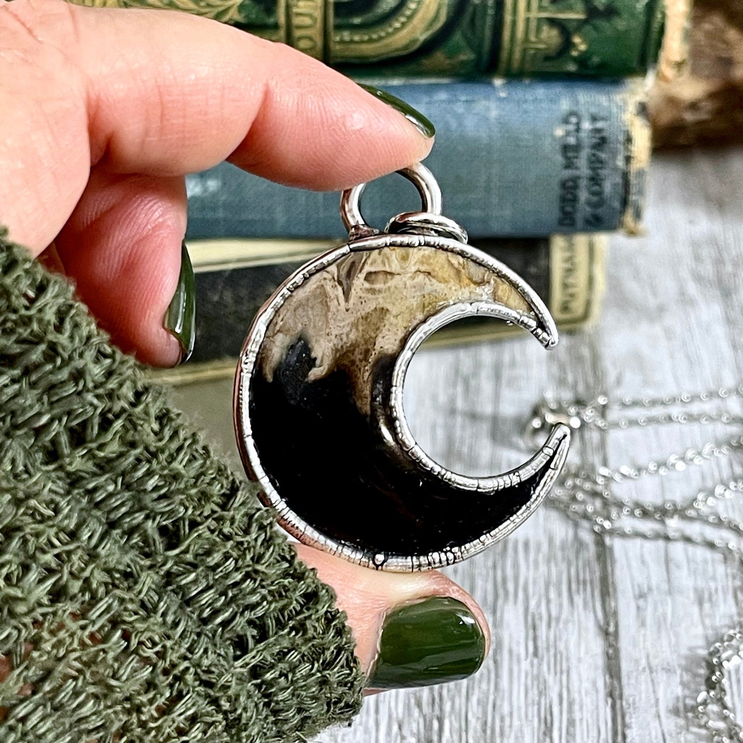 Fossilized Palm Root Crescent Moon Necklace in Fine Silver / Foxlark Collection - One of a Kind