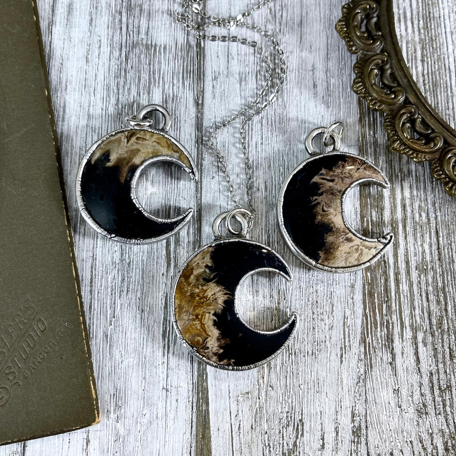 Fossilized Palm Root Crescent Moon Necklace in Fine Silver / Foxlark Collection - One of a Kind
